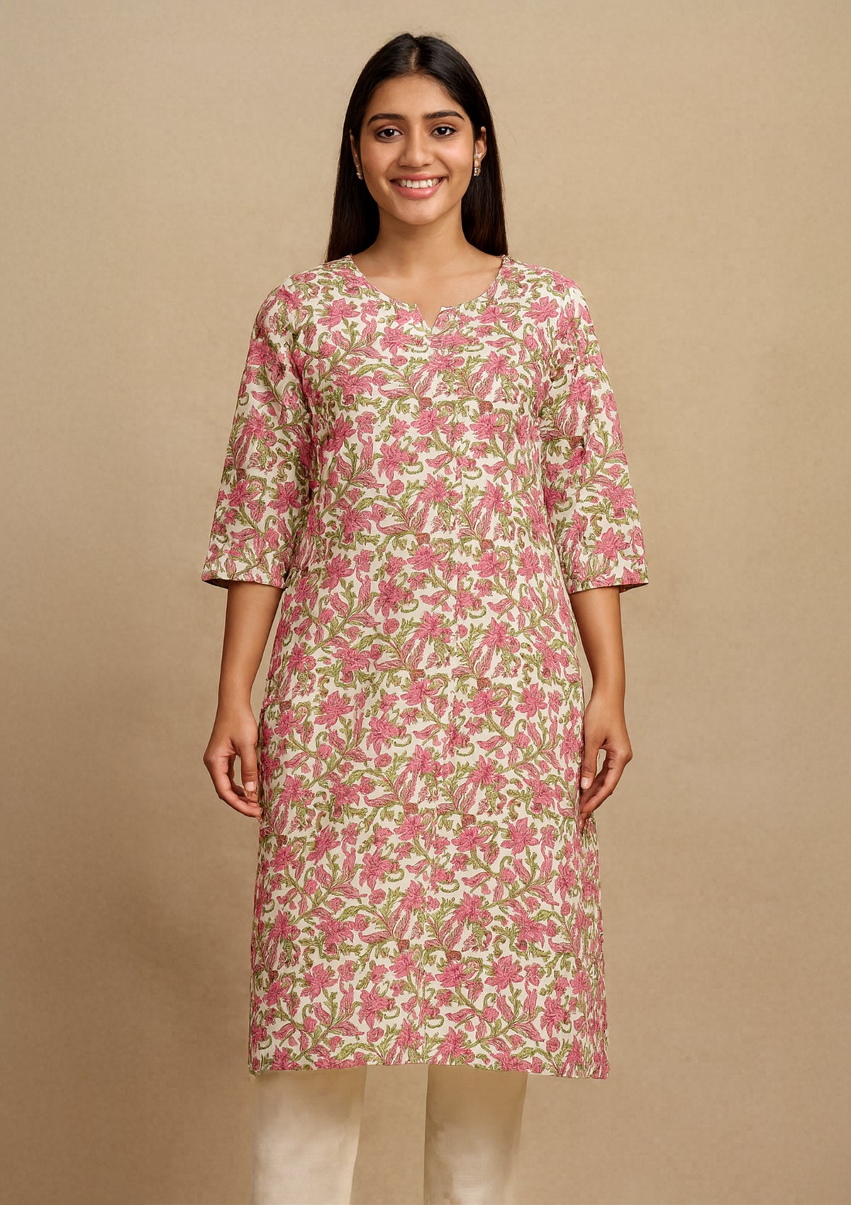 Floral Cotton Printed Kurti in White & Pink – Everyday Comfort