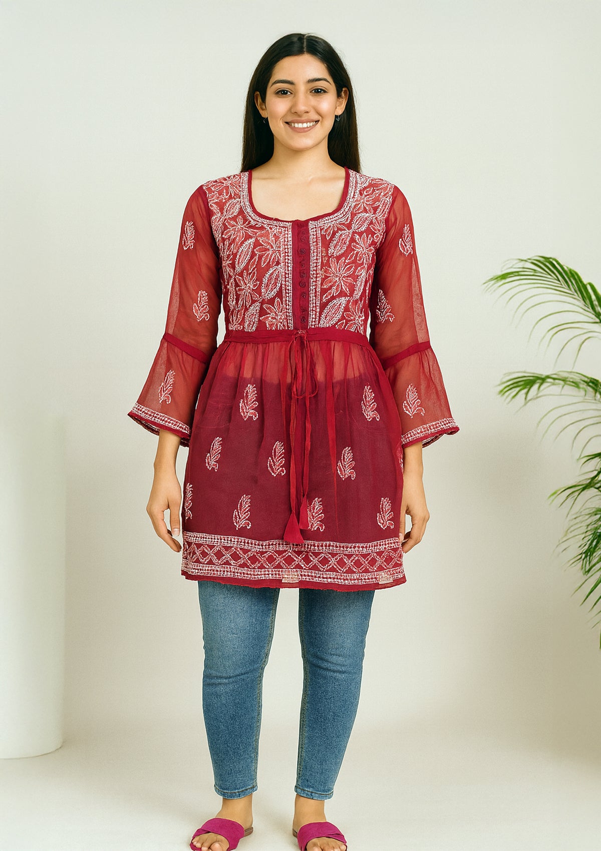 ClothingSutra Maroon Net Embroidered Frock-Style Kurti – Short Length 42