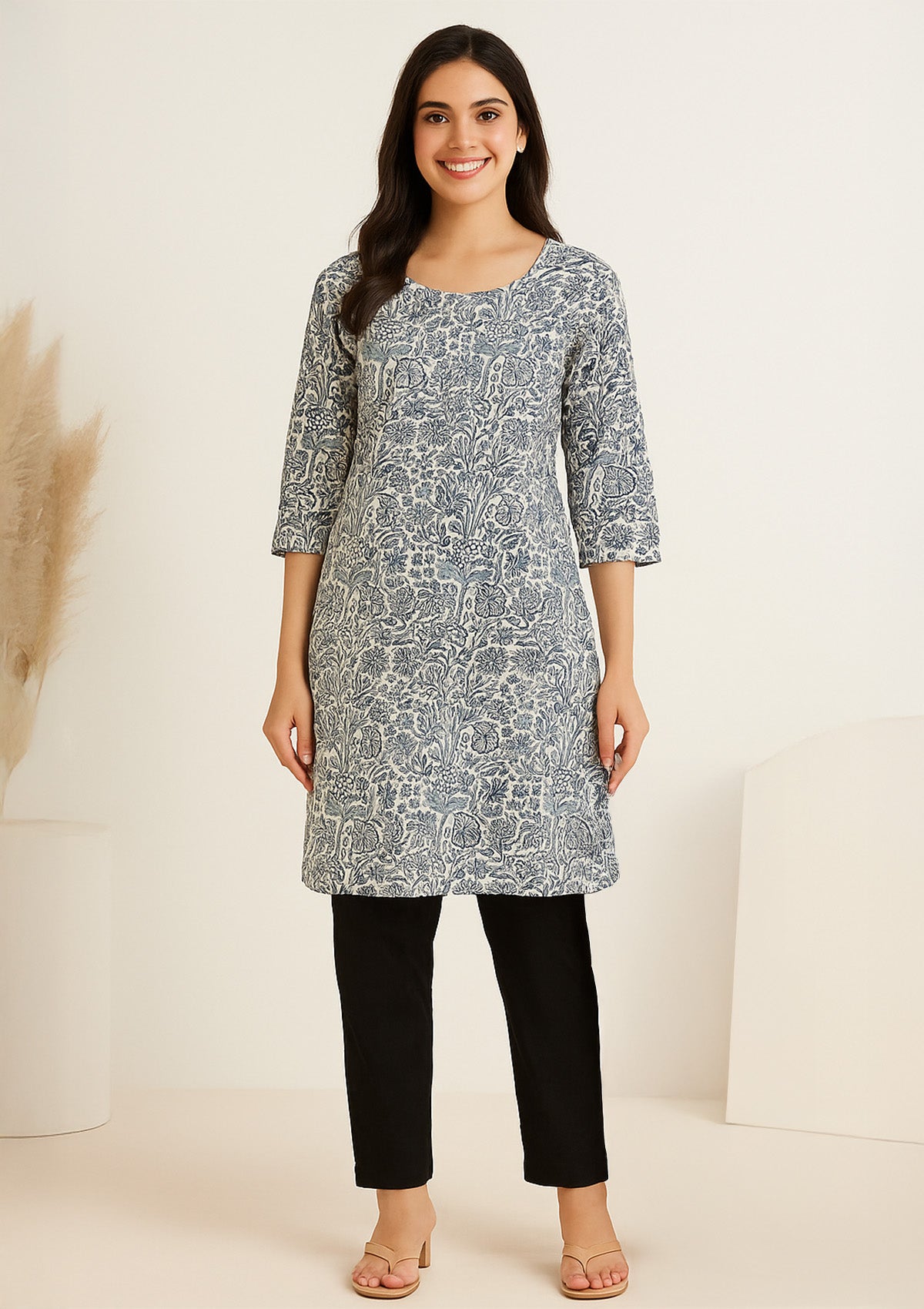 Blue and White Cotton Printed Kurti with Black Pant Bottom