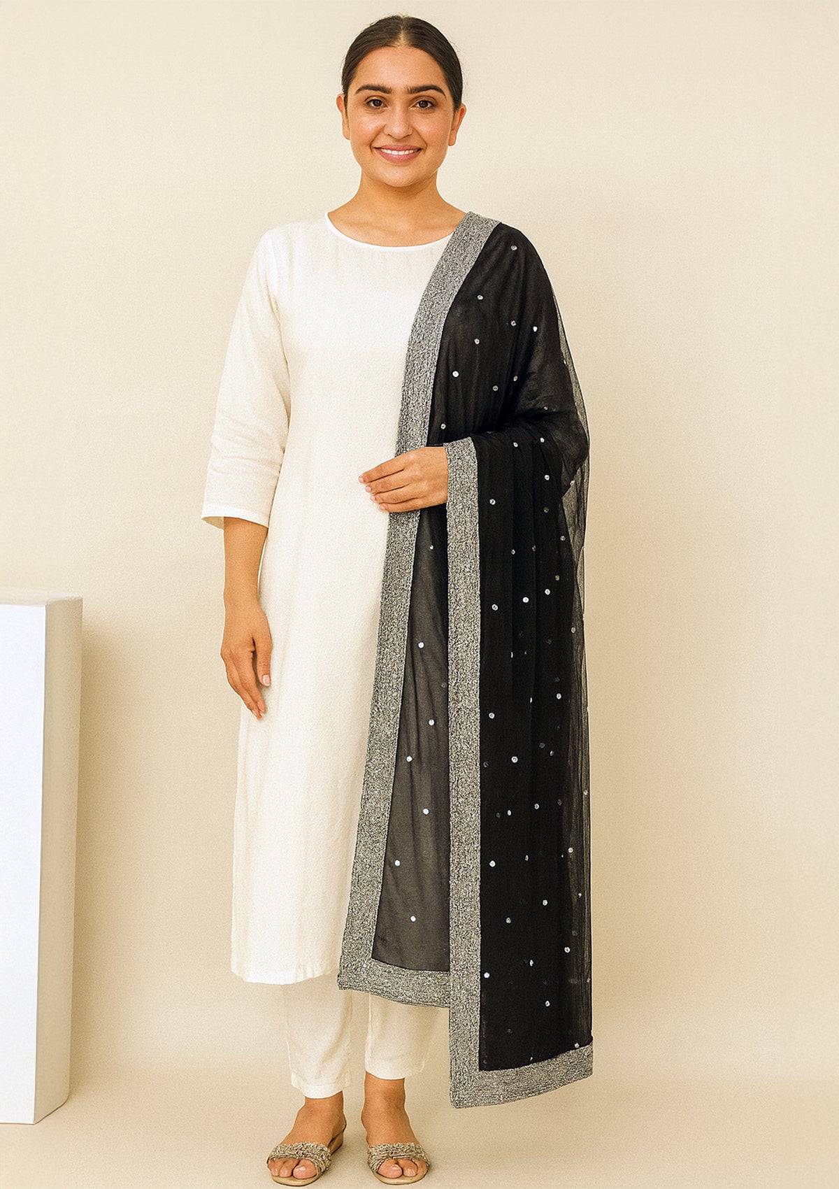 Black Net Dupatta with Silver Sequin Work and Heavy Embroidered Border