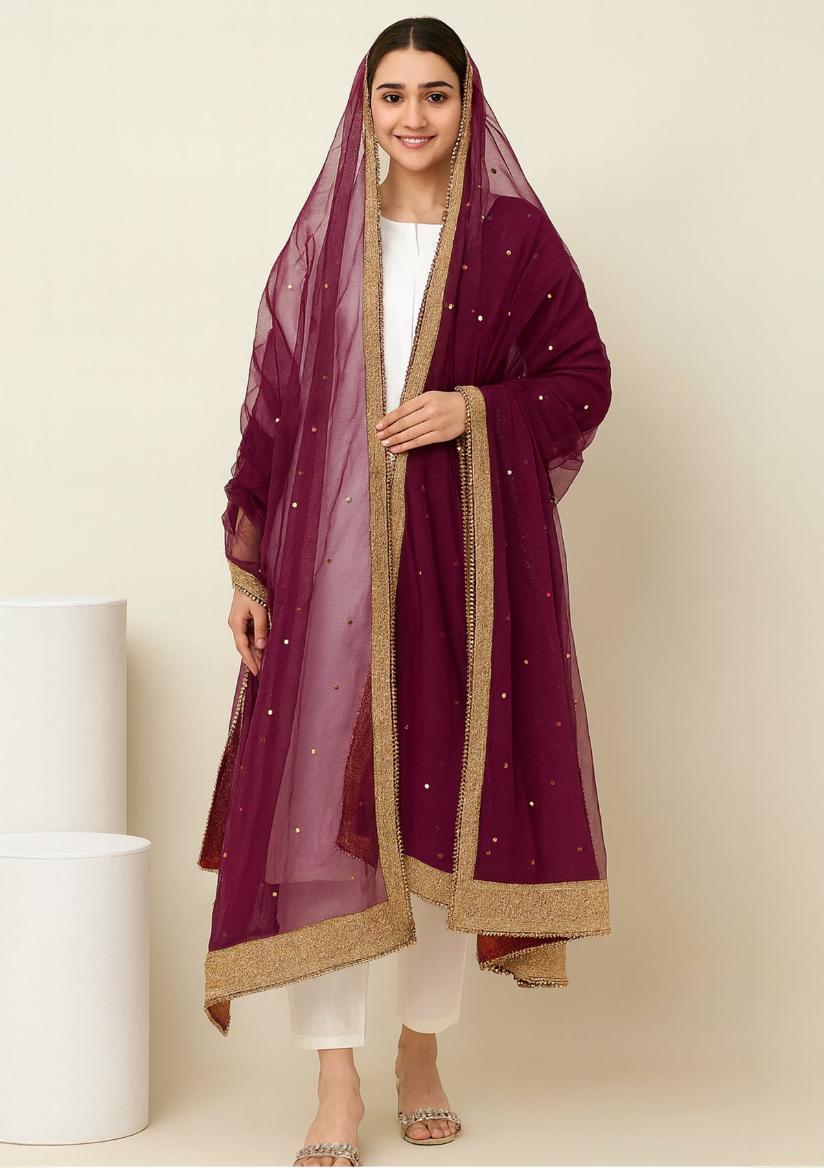 Wine Net Dupatta with Golden Embroidered Border & Sequin Work