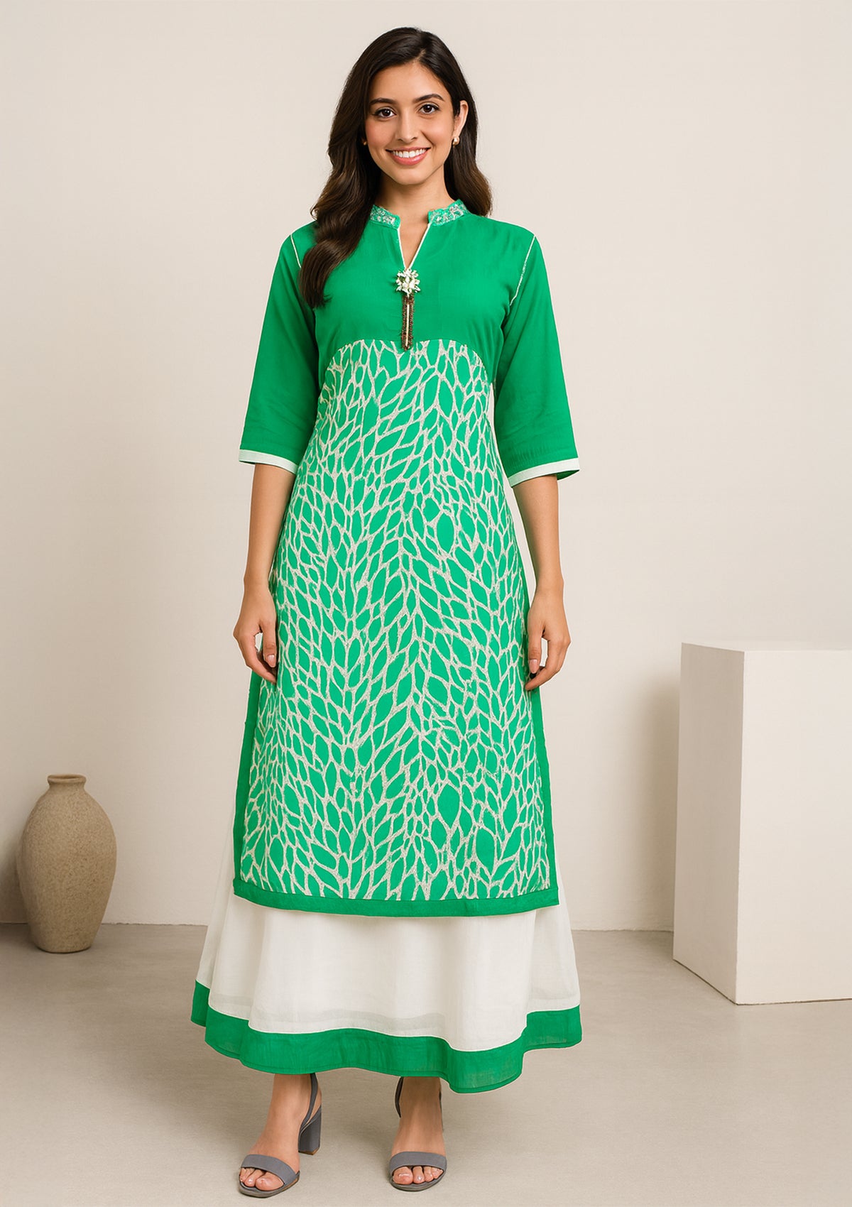 Elegant Green & White Layered Georgette Gown with Leaf Print