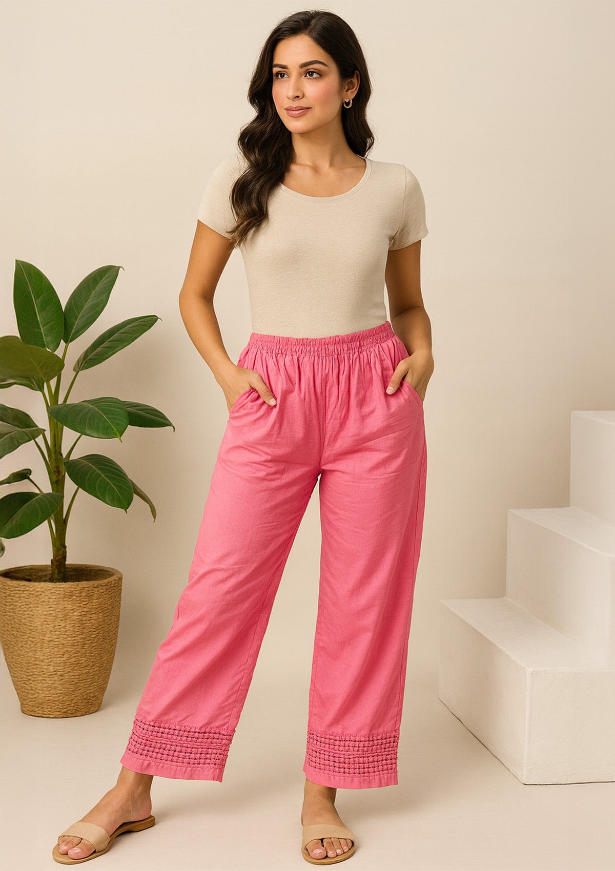 Pink Rayon Palazzo Pants – Smocked Hem Solid Straight