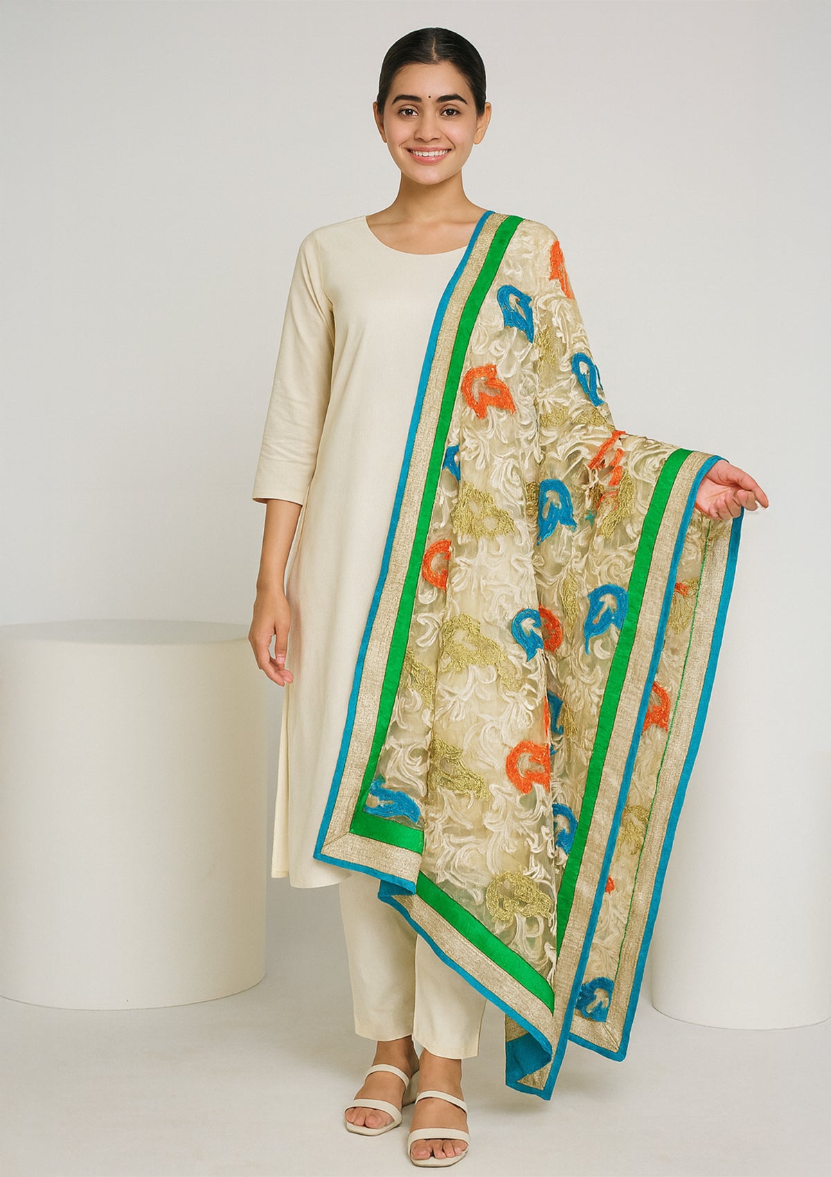 Beige Net Dupatta with Multicolor Embroidery and Green-Blue Border