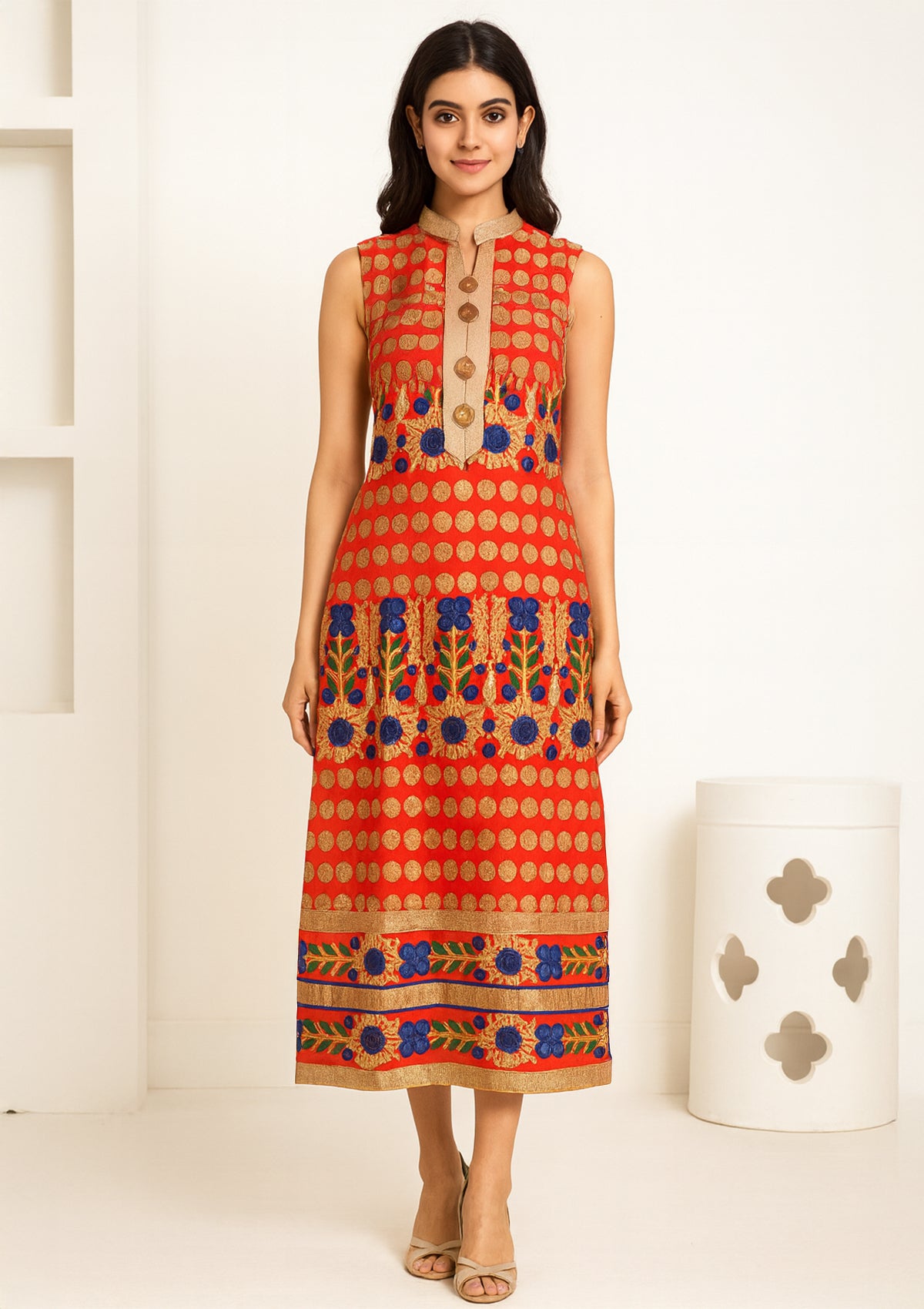 Sleeveless Embroidered Georgette Kurti – Orange with Golden & Blue