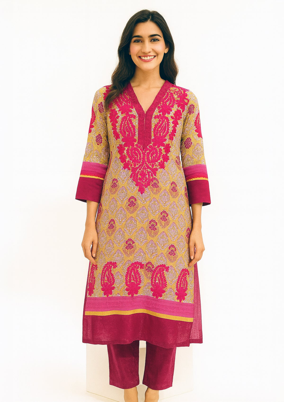 Beige-Gold Base with Magenta Georgette Kurti with Chikankari