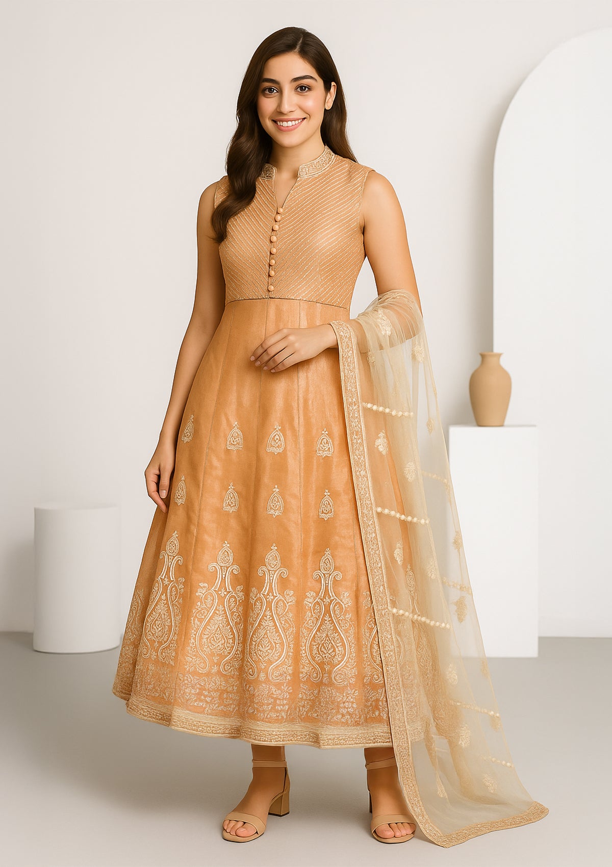 Peach Chanderi Embroidered Gown with Dupatta – Festive Wear