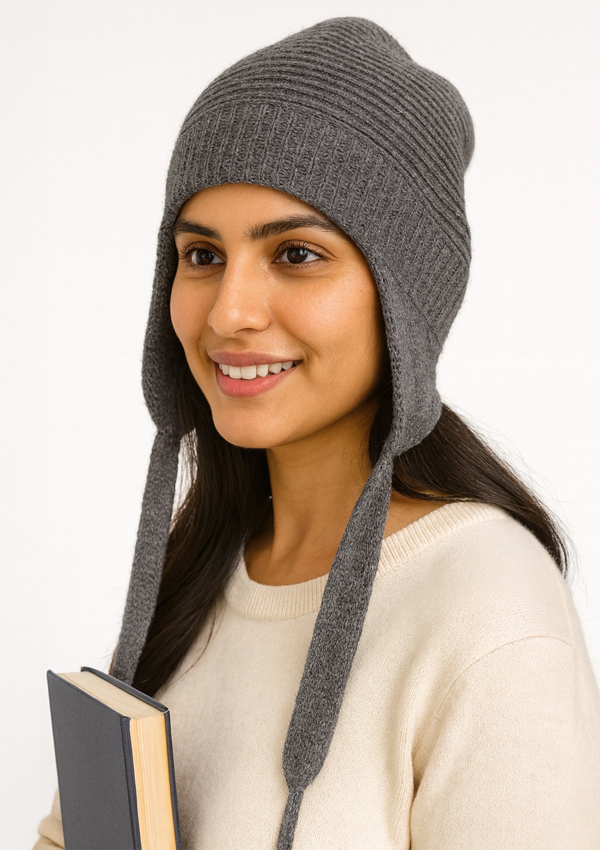 Grey Earflap Winter Cap – Soft Ribbed Knit Hat with Ear Cover
