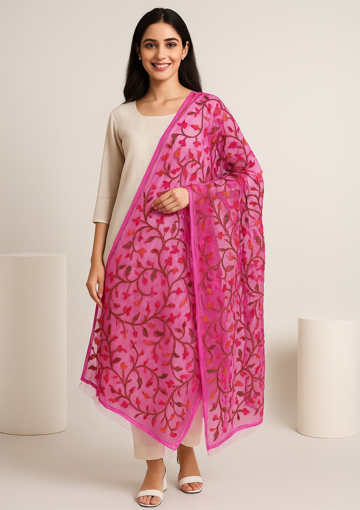 Pink Chiffon Phulkari Dupatta with Colorful Hand Embroidery