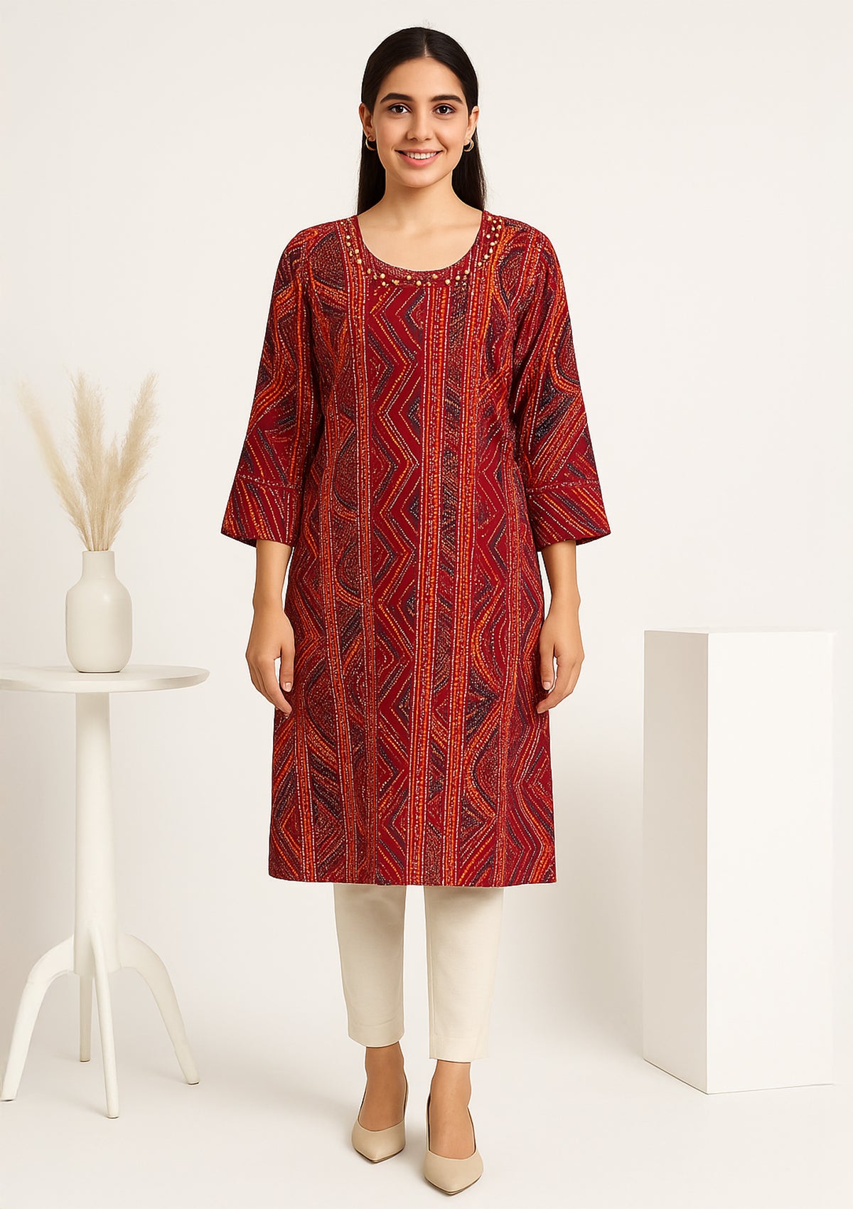 Marron Red Geometric Printed Rayon Kurti