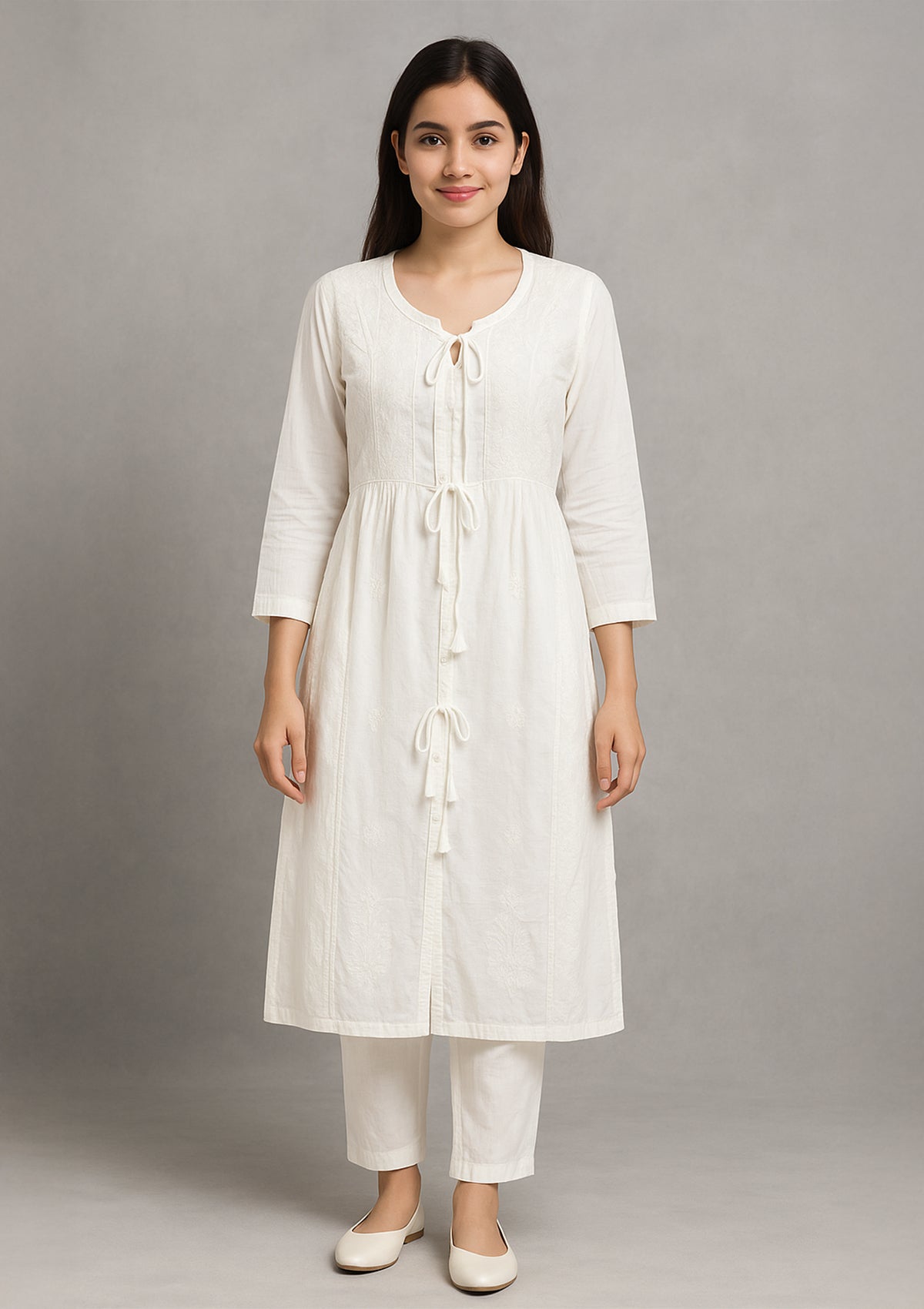 Chikankari Solid Women’s Long Kurta with Shrug - White