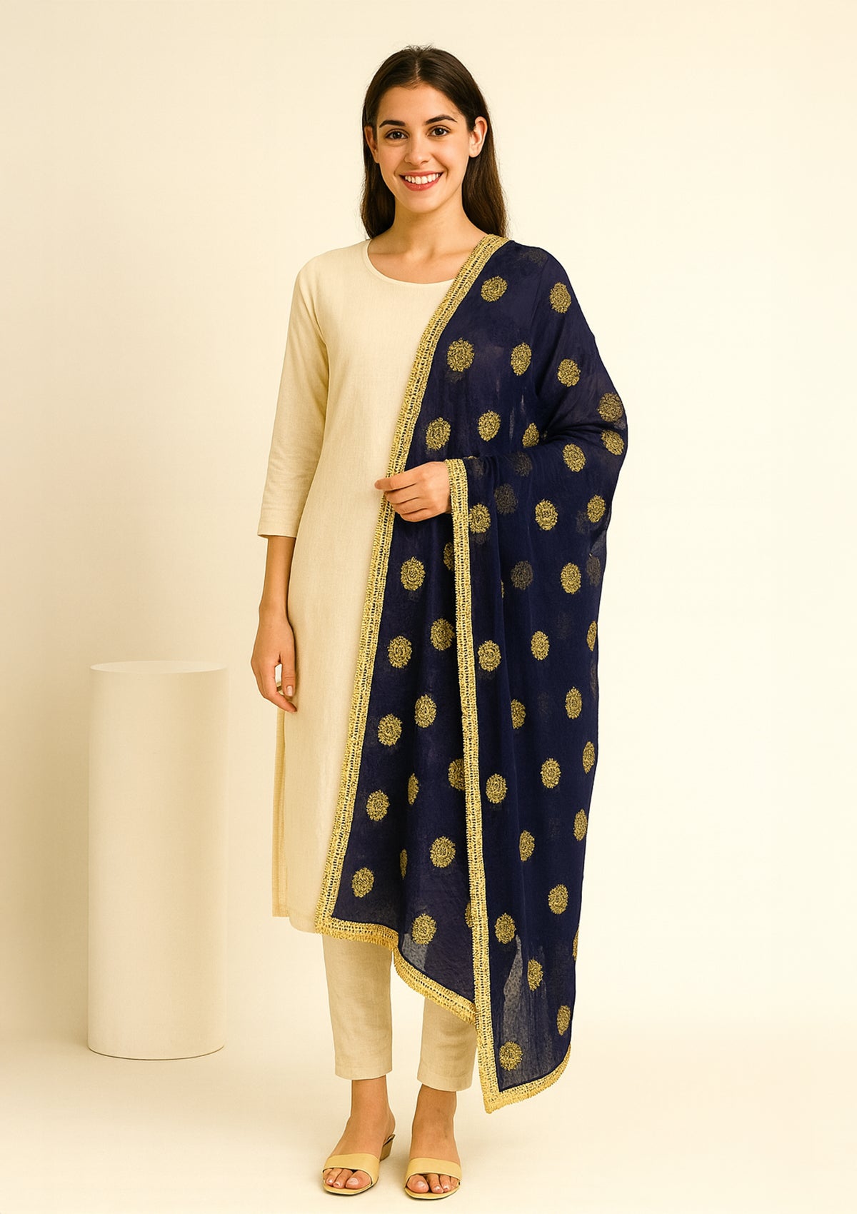Navy Blue Chiffon Dupatta with Golden Embroidery & Lace Border