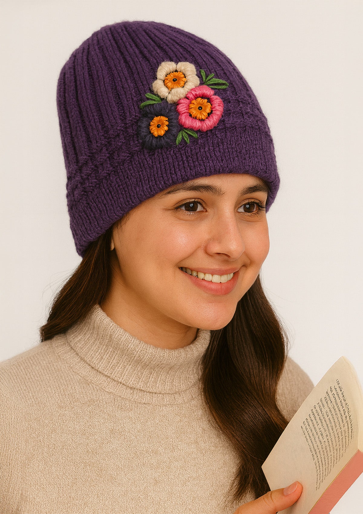 Purple Hand-Embroidered Floral Woolen Beanie – Soft Knit Cap