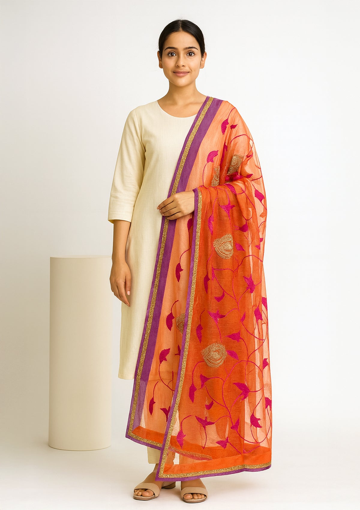 Elegant Orange Net Dupatta with Golden and Pink Embroidery