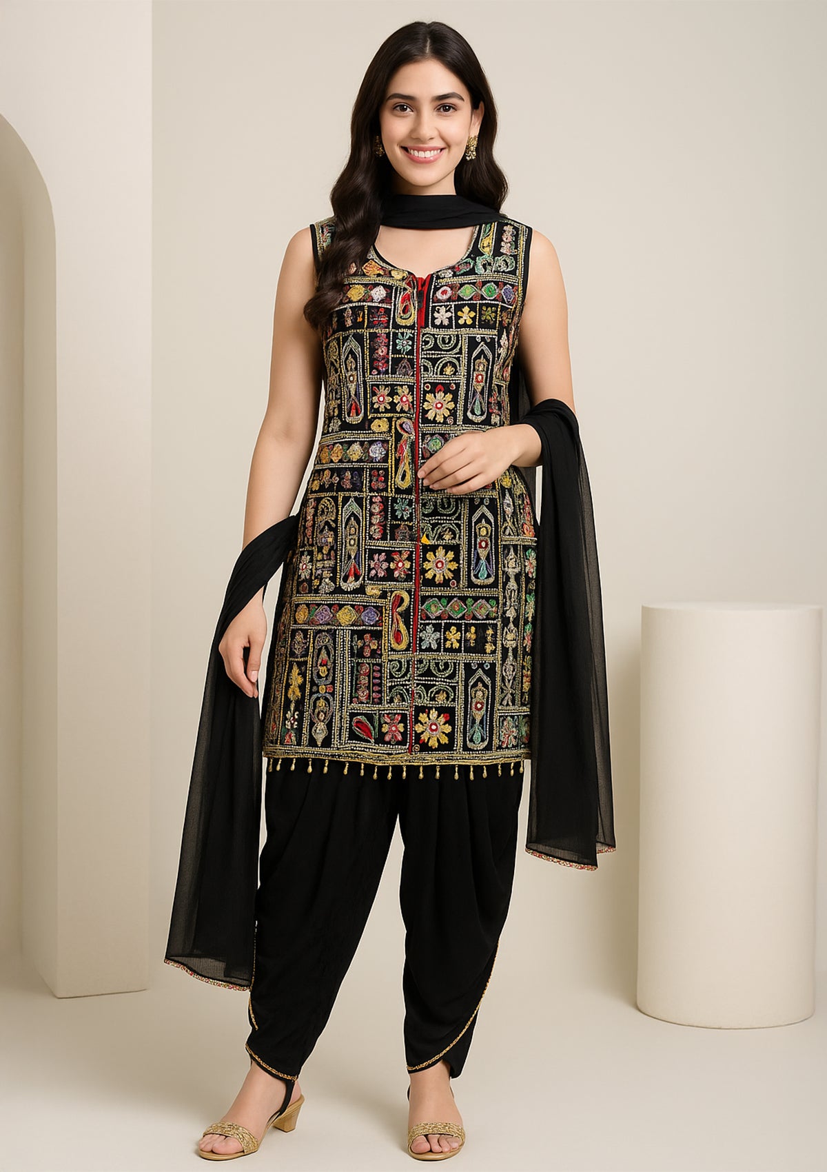 Black Georgette Dhoti Suit with Embroidered Kurti & Dupatta