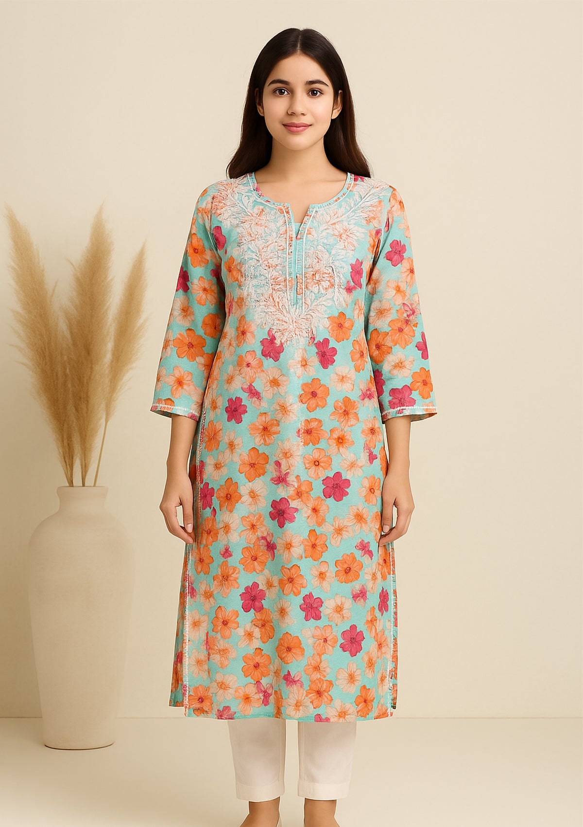 Chikankari Floral Printed Women’s Long Kurta – Aqua Blue with Multicolor Flowers