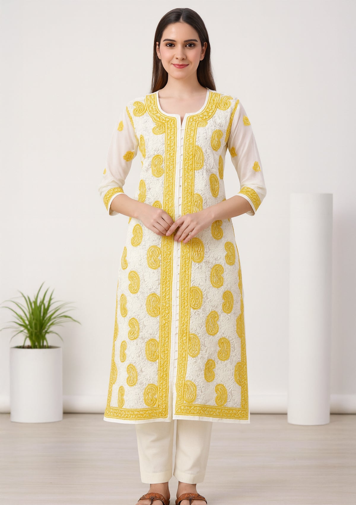 ClothingSutra Elegant White Georgette Kurti with Yellow Chikankari Embroidery 42