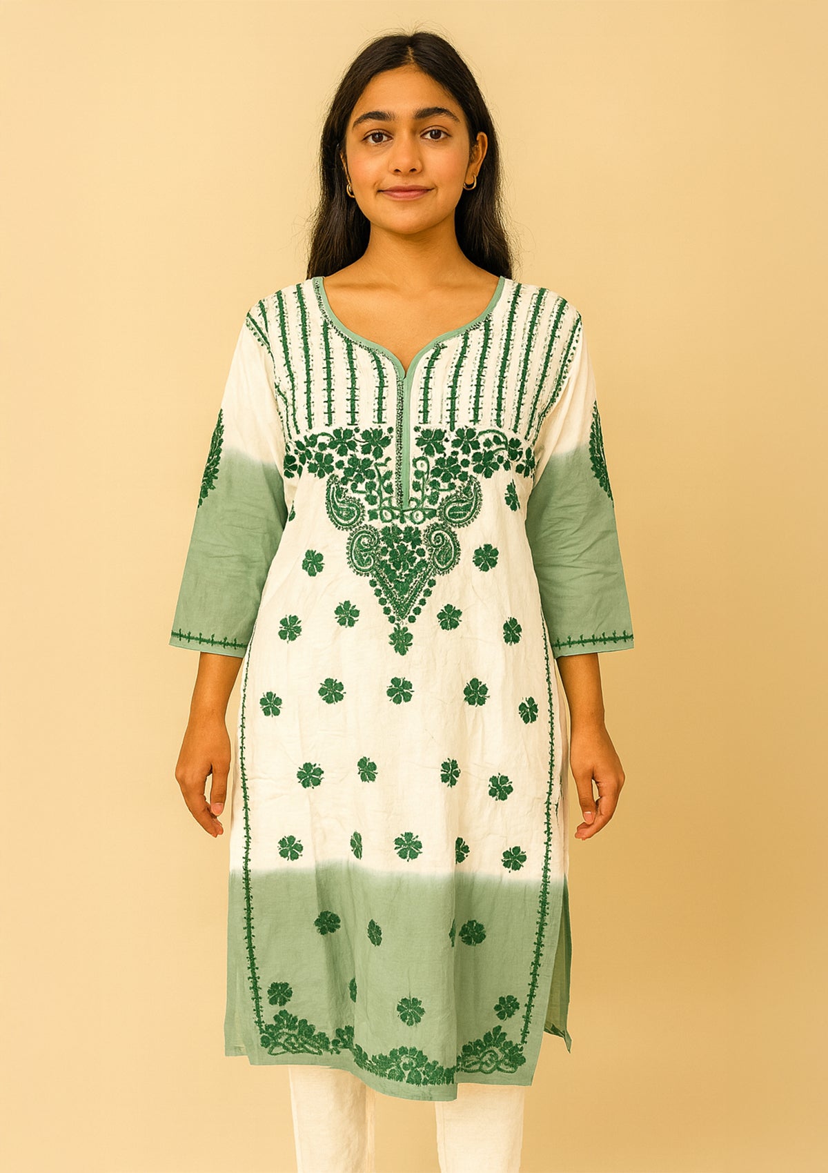 Chikankari Embroidered Women’s Kurti – Green & White (Cotton)
