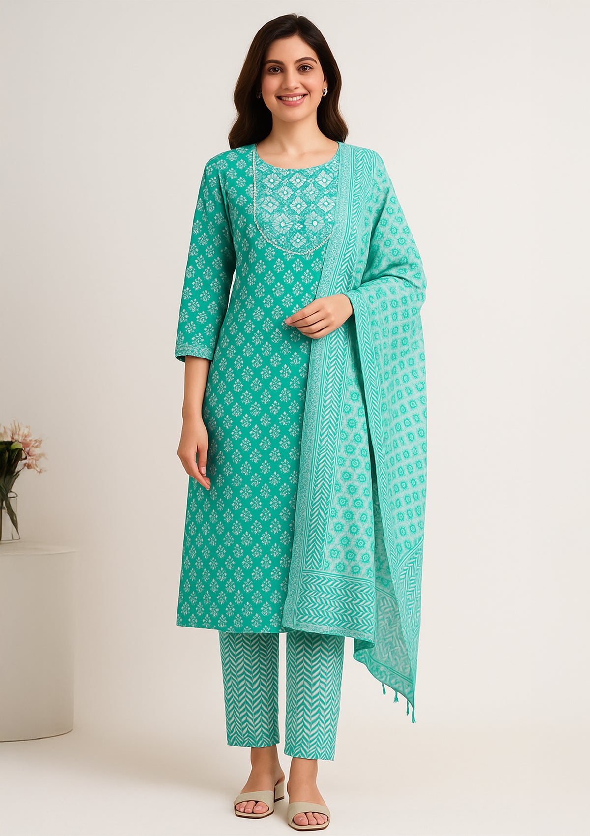 Turquoise Blue Cotton Kurti Set with Dupatta – Printed Design
