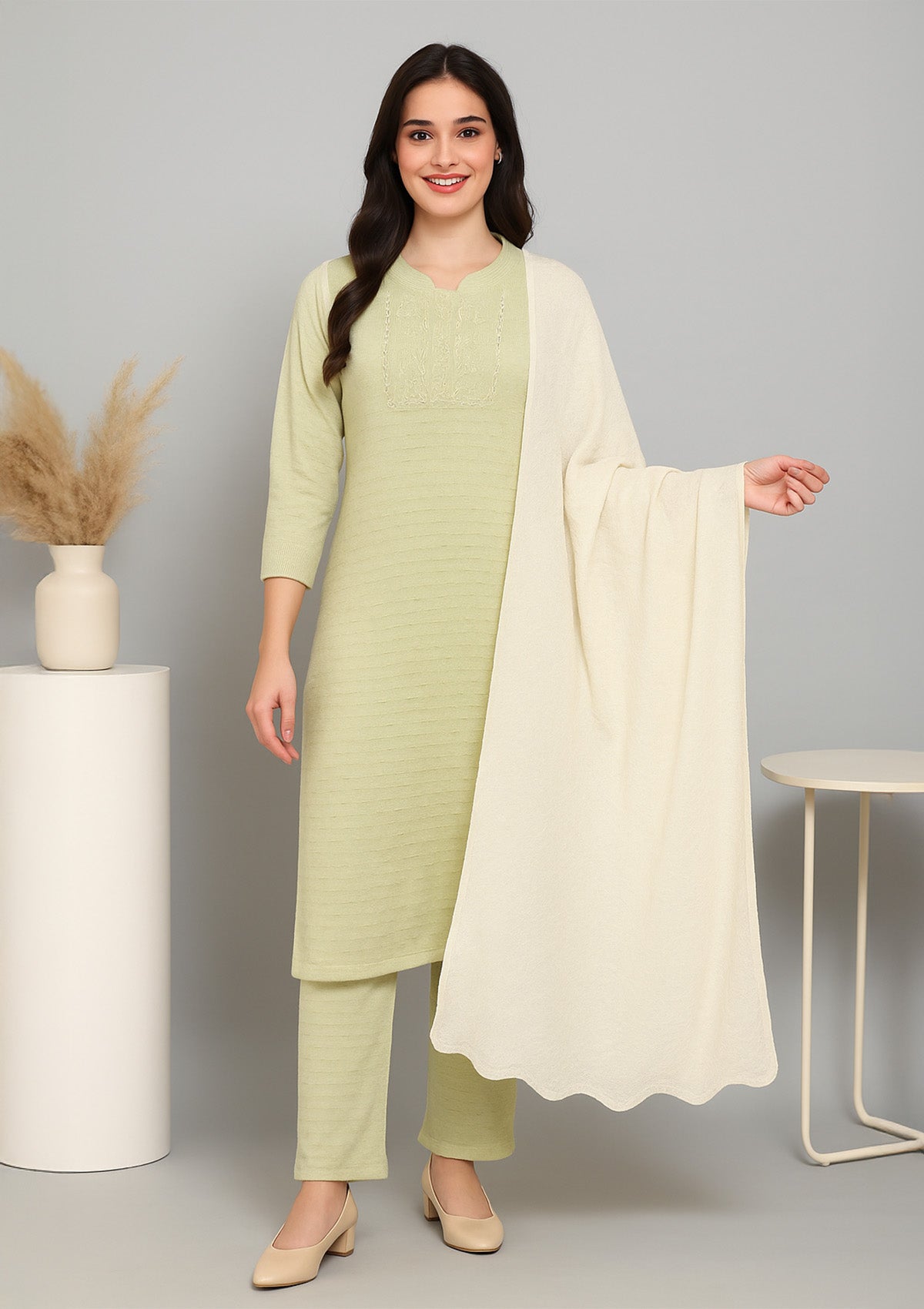 Premium Light Green Woollen Suit with Elegant Embroidery & Dupatta