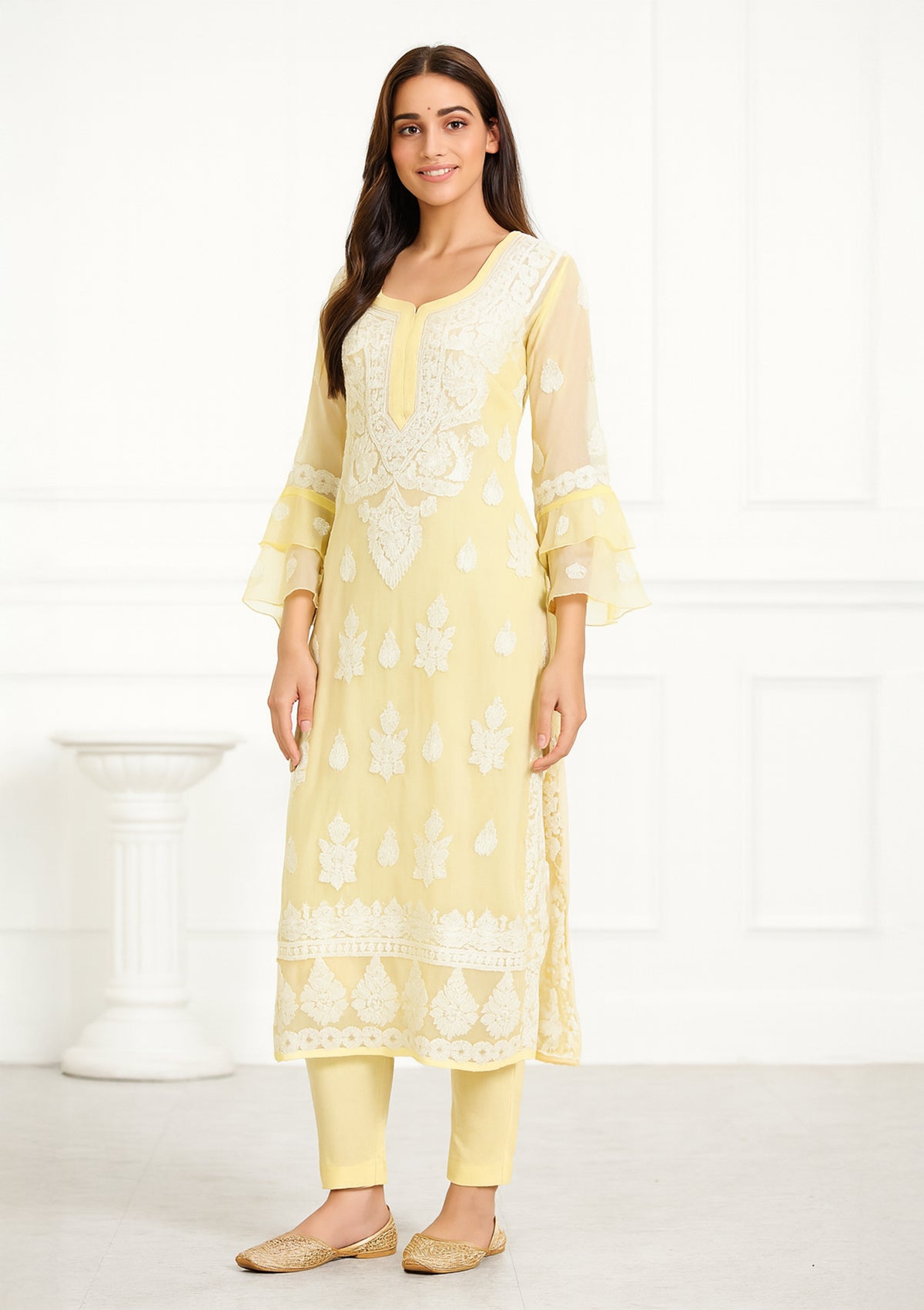 ClothingSutra Pastel Yellow Chikankari Kurti – Georgette with Flared Sleeves 44