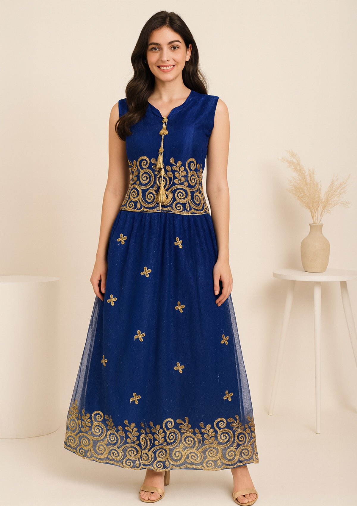 Royal Blue Net Long Gown with Golden Embroidery – Size L