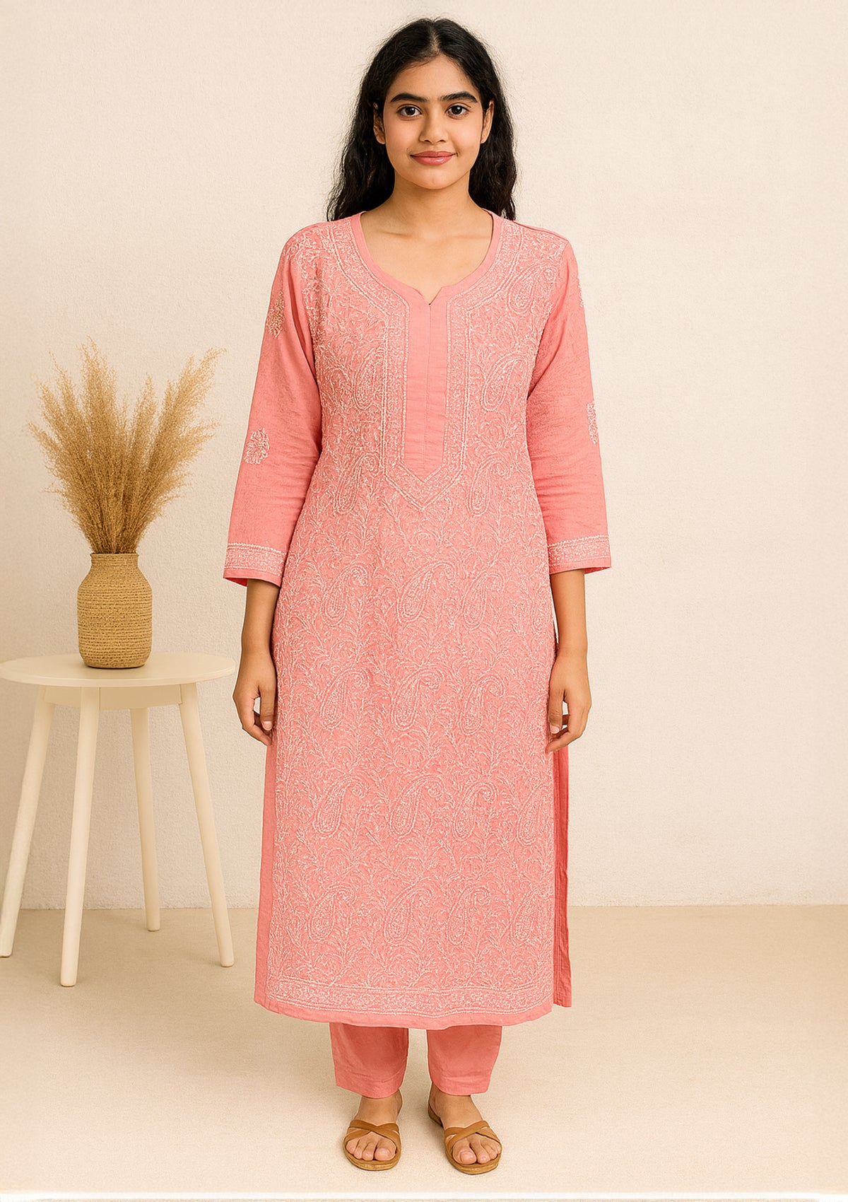 ClothingSutra Chikankari Embroidered Cotton Kurti – Peach Pink 42