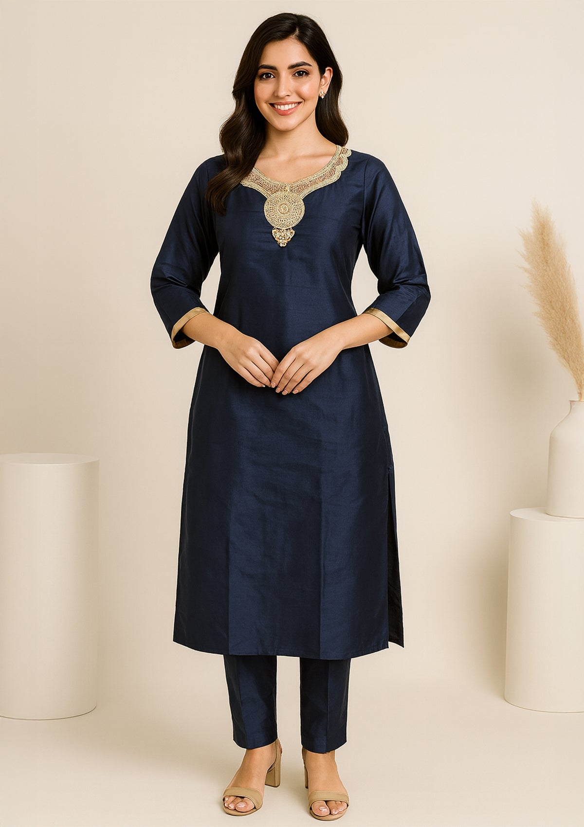 ClothingSutra Royal Blue Tafta Silk Kurti with Heavy Embroidered Neckline 42