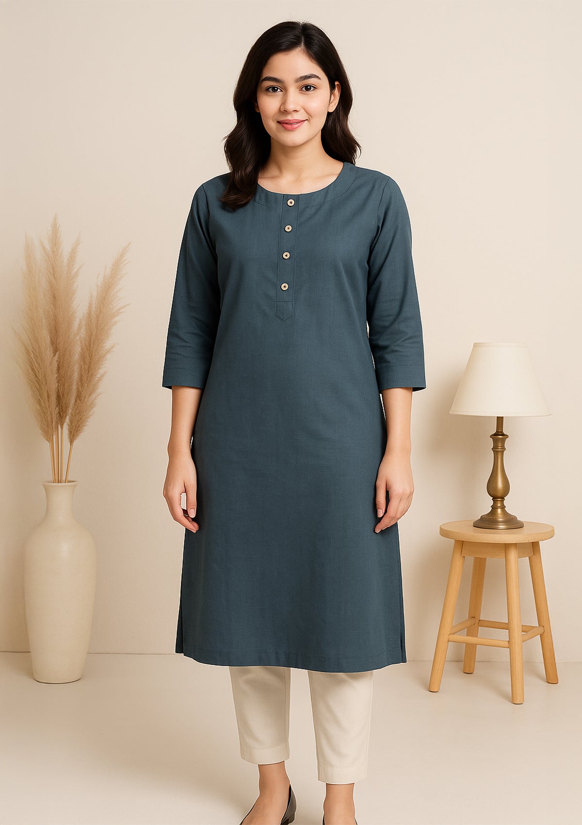 Solid Grey Cotton Kurti – Wooden Button Detail