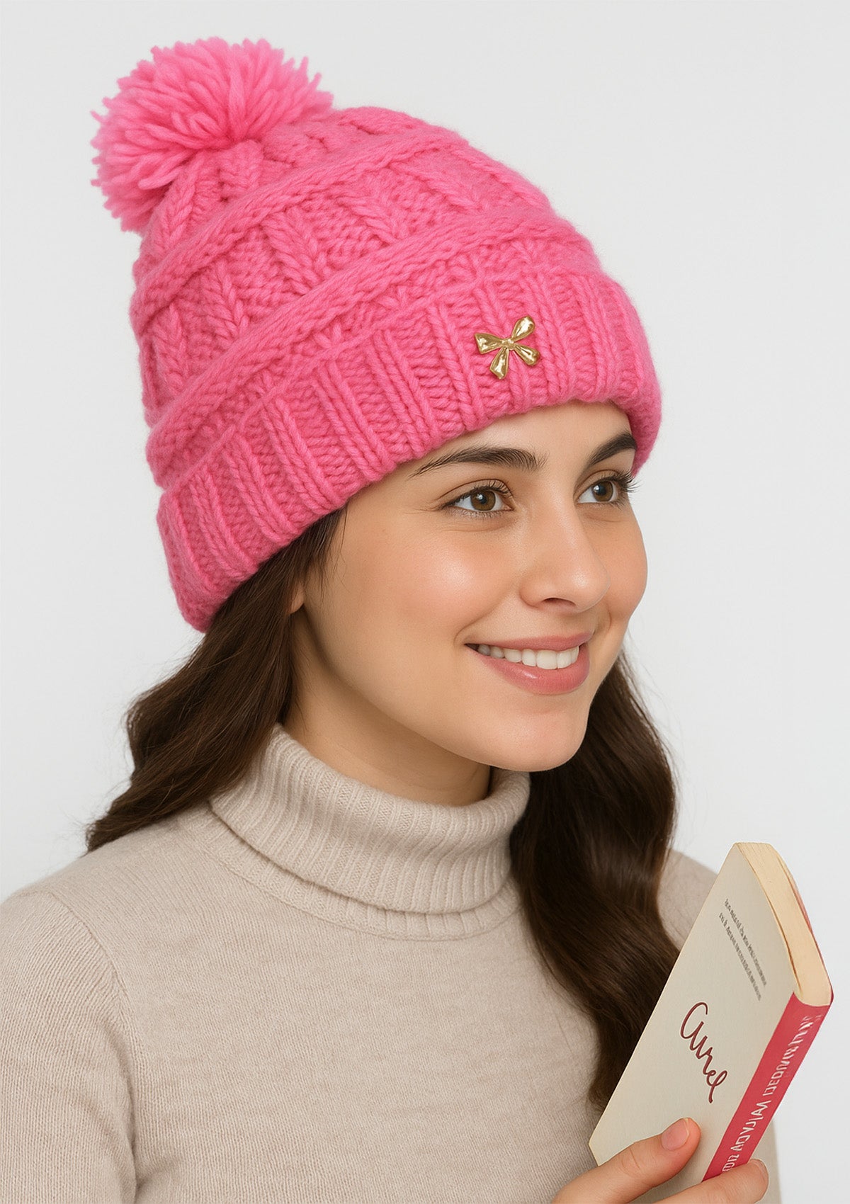 Women’s Chunky Pink Pompom Woolen Beanie – Cozy Winter Cap