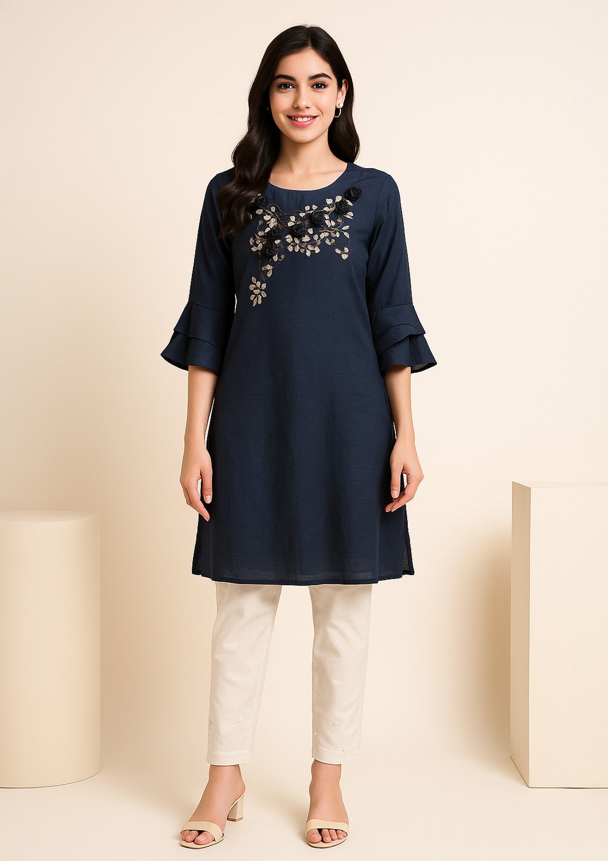 Dark Grey Kurti with Black 3D Floral Applique and Golden Leaf