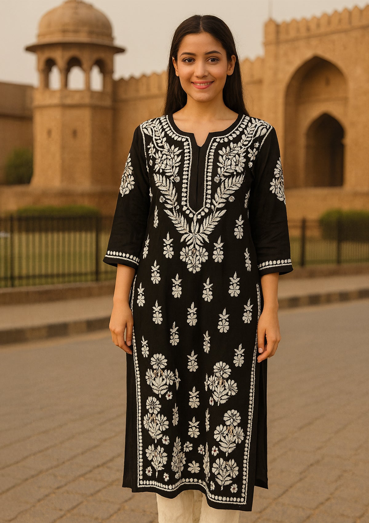 Chikankari Solid Women’s Long Kurta – Black (Small)