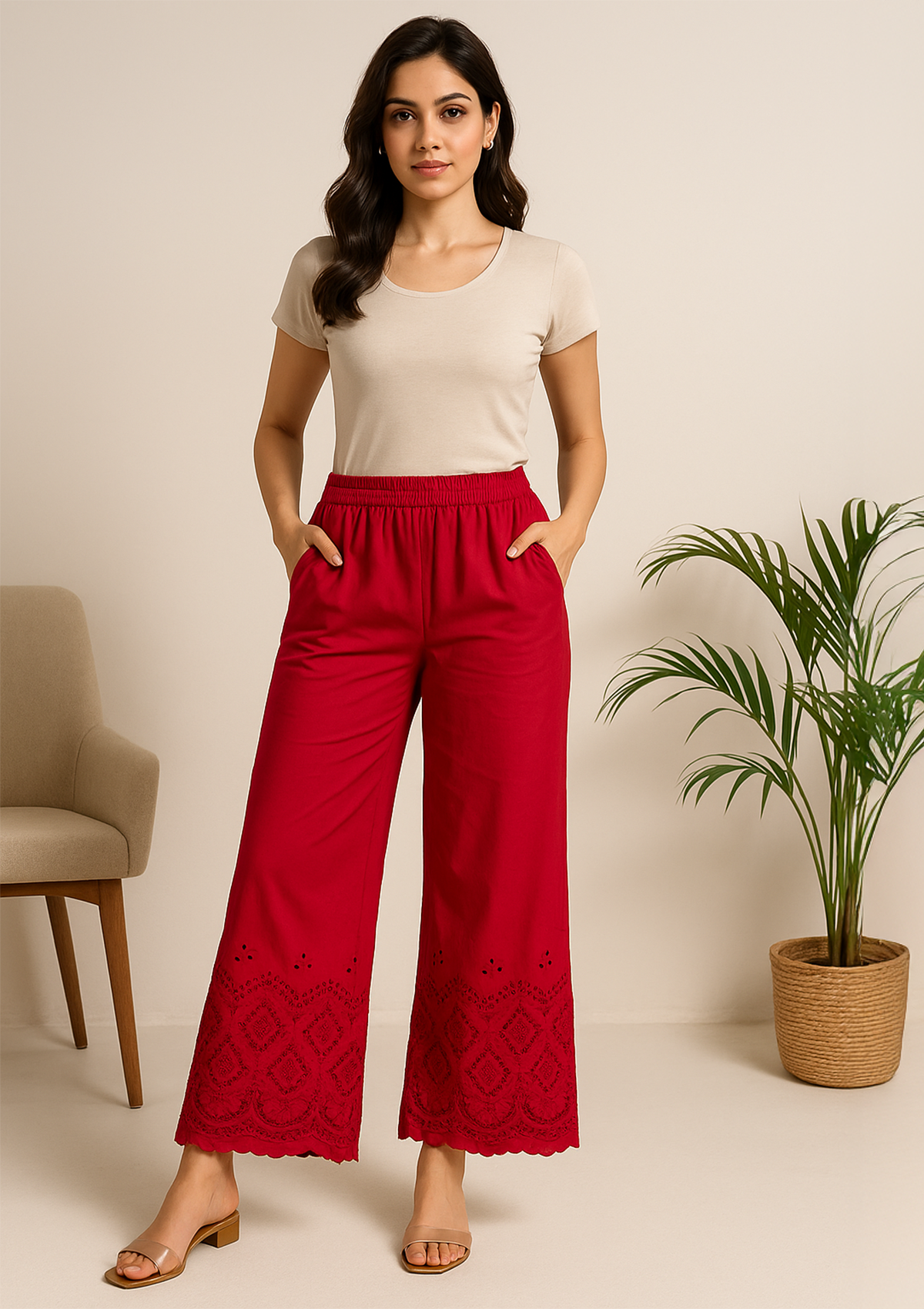 Women’s Red Rayon Palazzo – Chikankari Embroidered Ethnic Pant