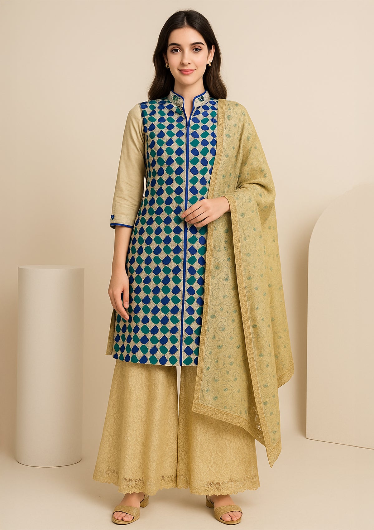 Elegant Silk Palazzo Suit with Dupatta – Blue & Golden