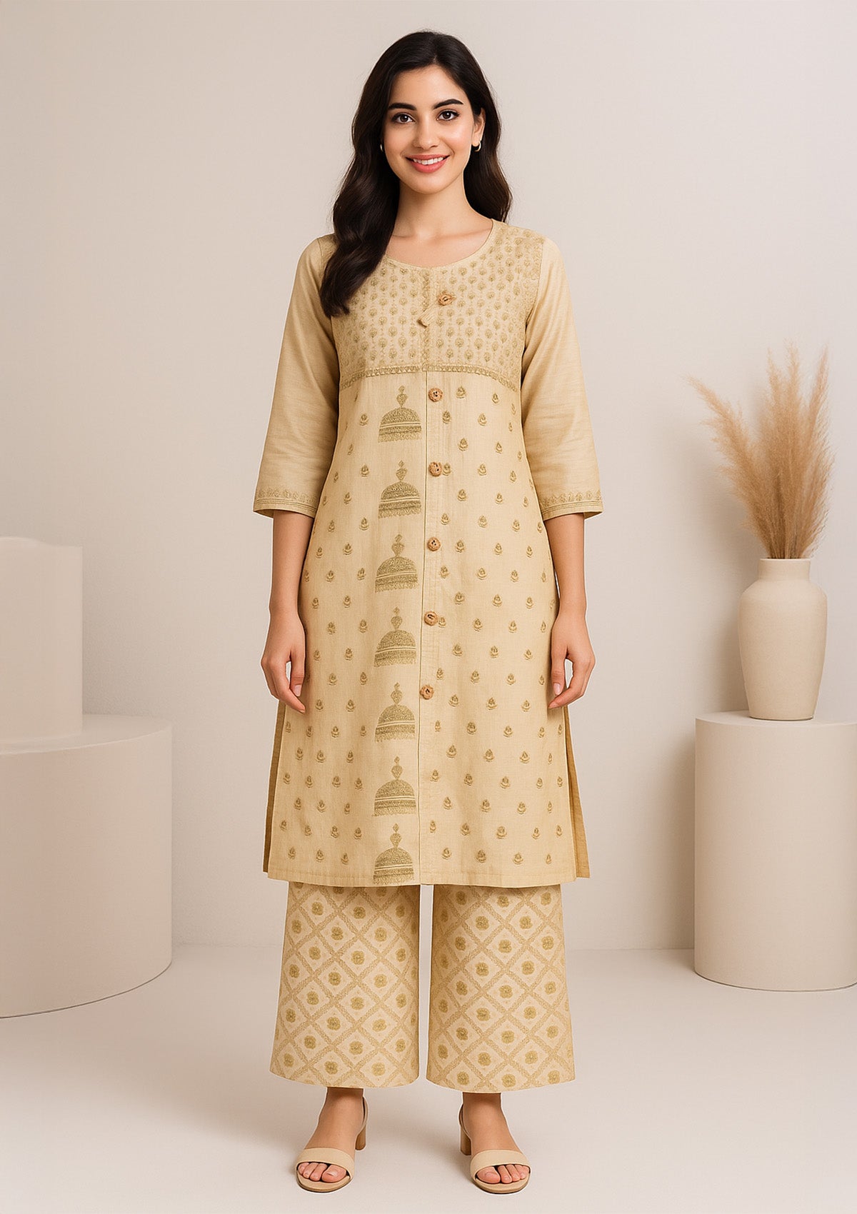 Luxury Beige Gold Silk Cotton Kurti with Hand Bead and Thread