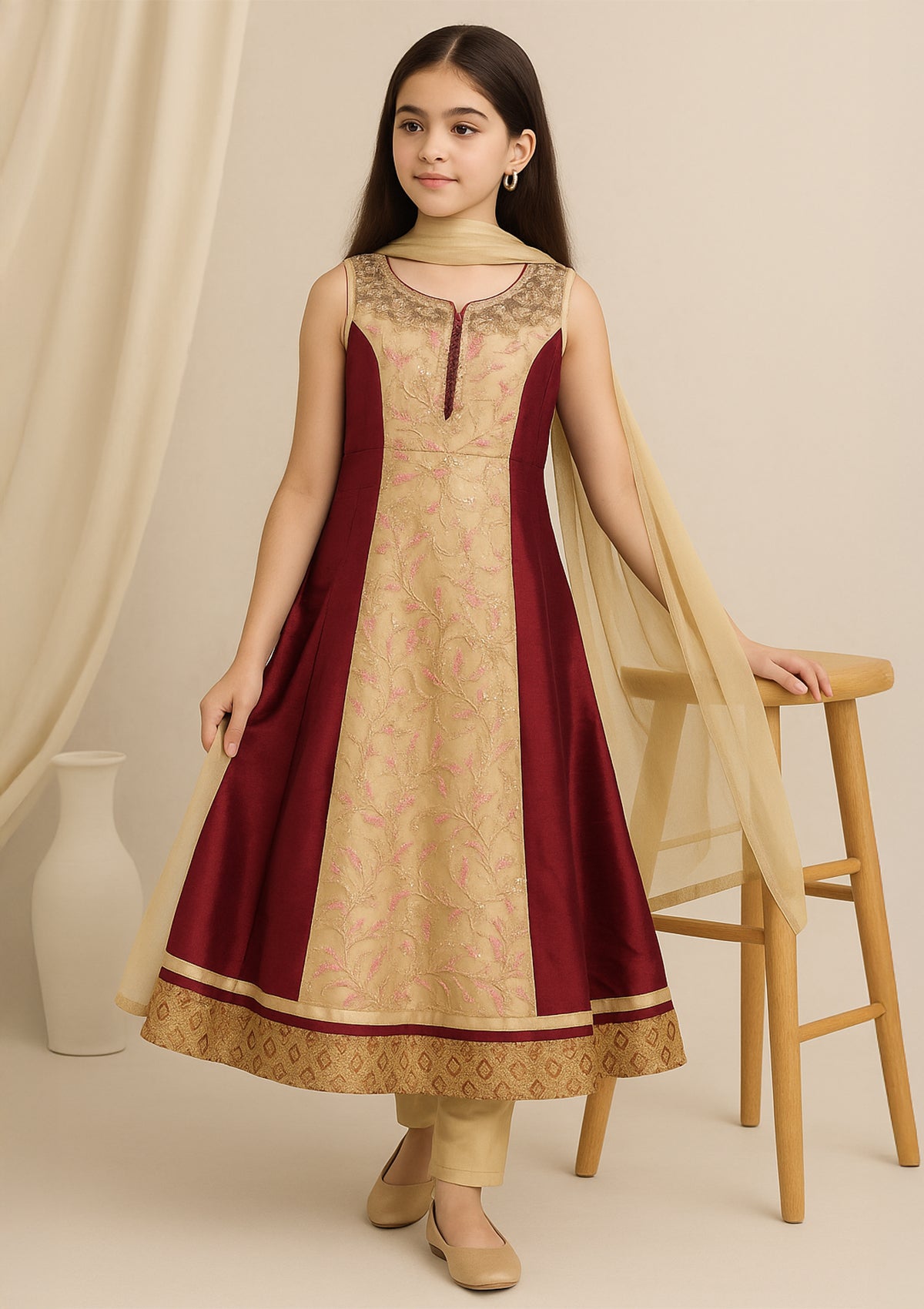 Girls Maroon & Gold Embroidered Suit with Pant & Dupatta