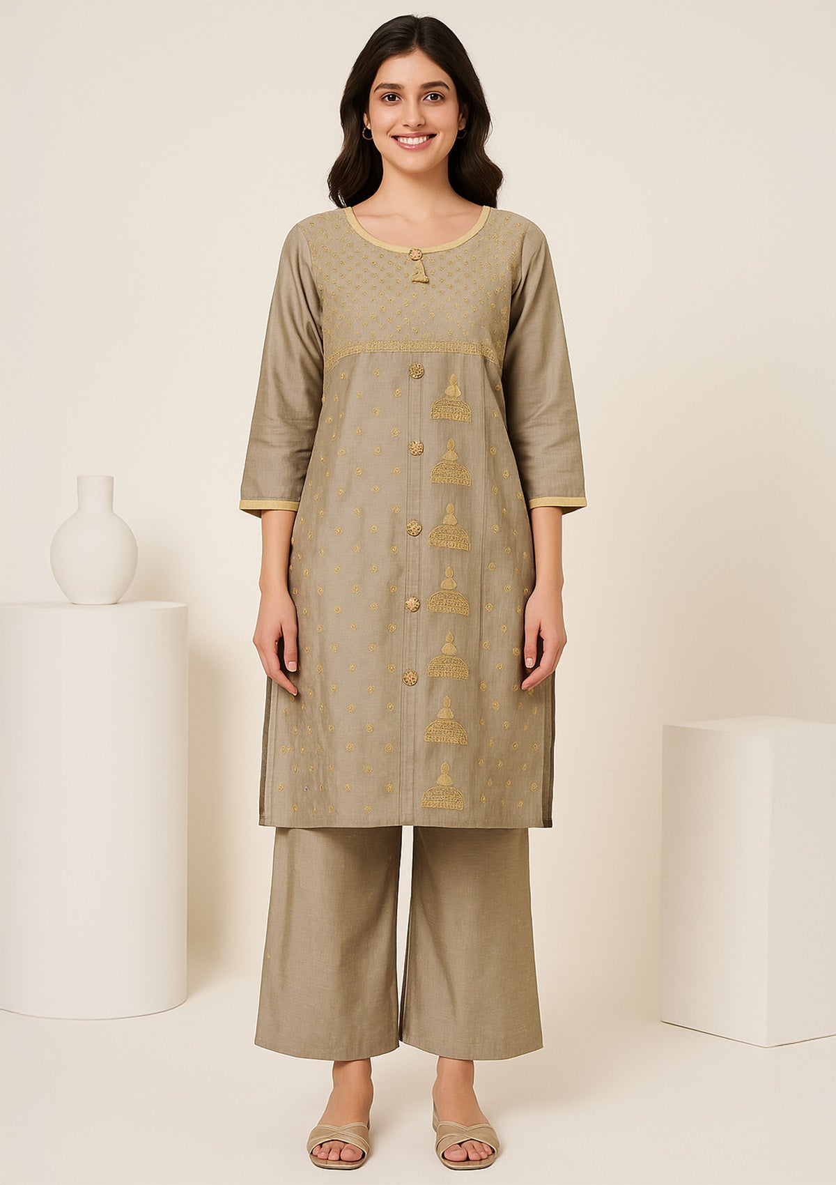 Elegant Olive Gold Silk Cotton Kurti with Heavy Golden Bead Embroidery