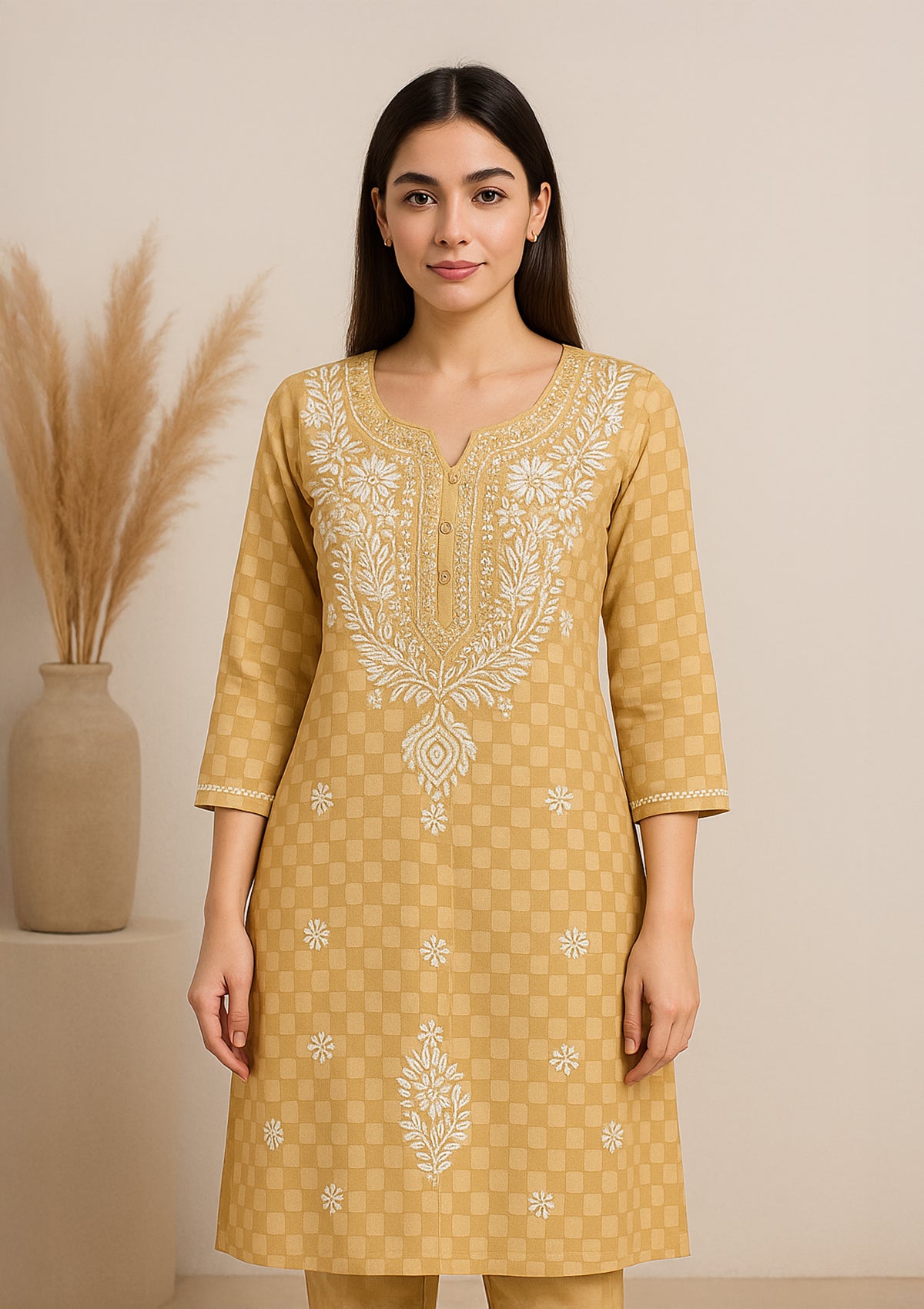ClothingSutra Golden Georgette Embroidered Kurta – White Thread Detailing 42
