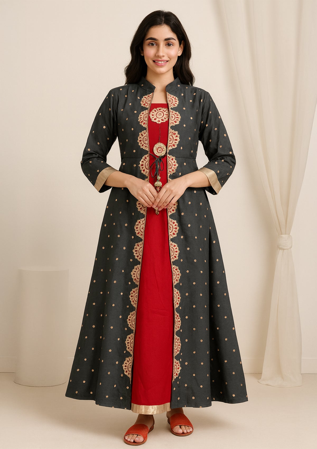 Tafta Gown with Red Inner & Embroidered Front Jacket