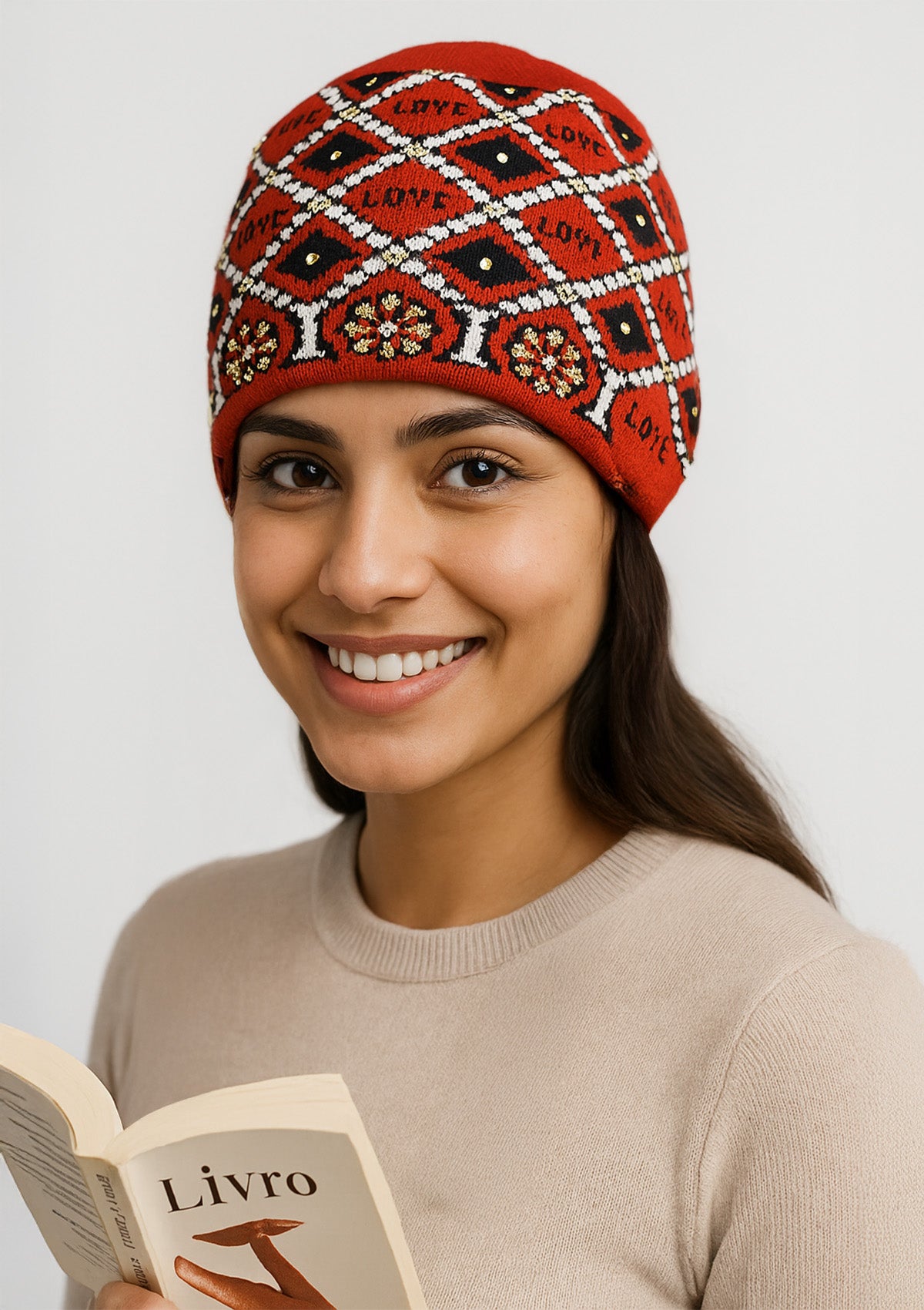 Red Woolen LOVE Winter Cap – Embellished Floral Knit Beanie