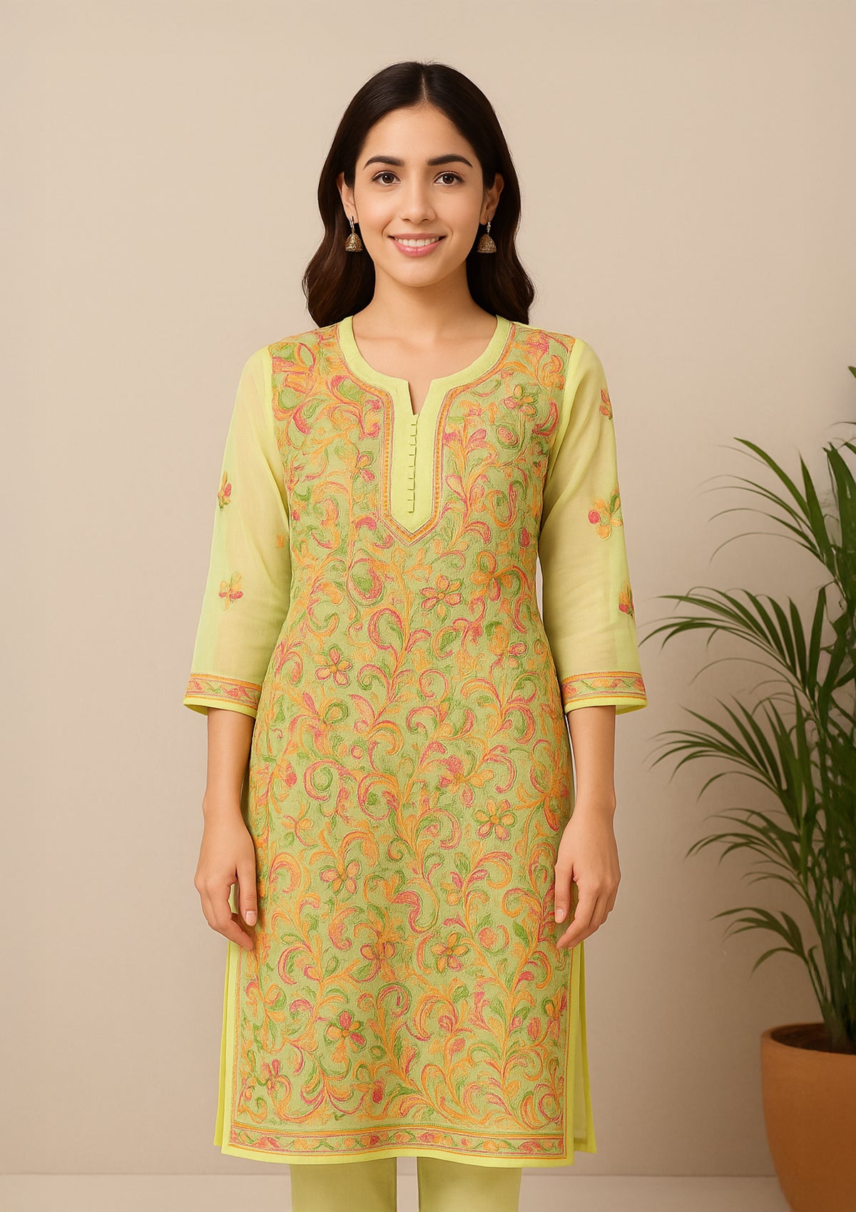Parrot Green Georgette Kurti with Multicolor Embroidery – Sheer