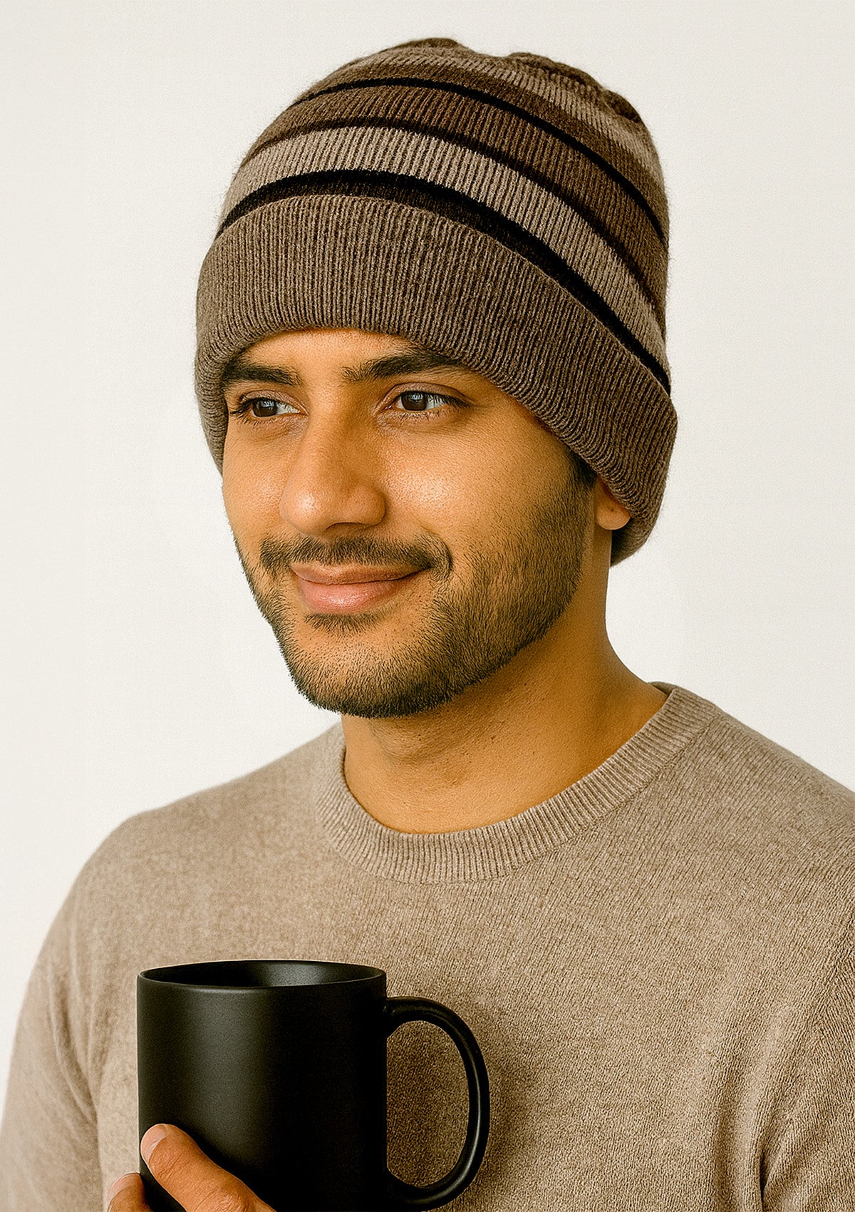 Mens Striped Woolen Beanie Cap Winter Warm Knitted