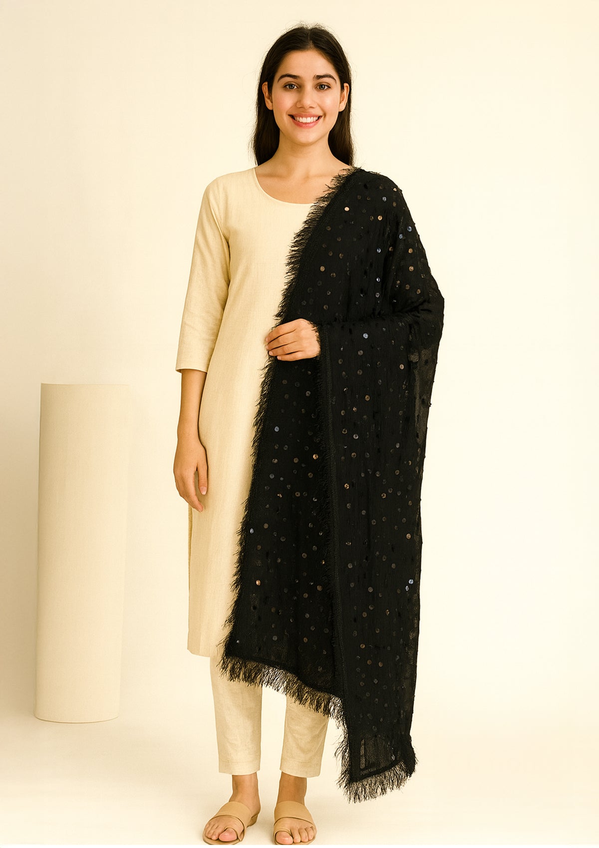 Stylish Black Chiffon Sequin Dupatta with Fringe Border