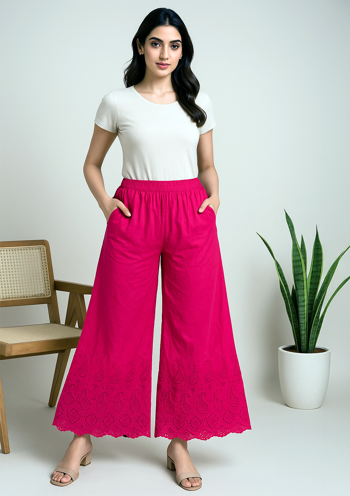 Women’s Hot Pink Rayon Palazzo – Chikankari Embroidery Ethnic Pant