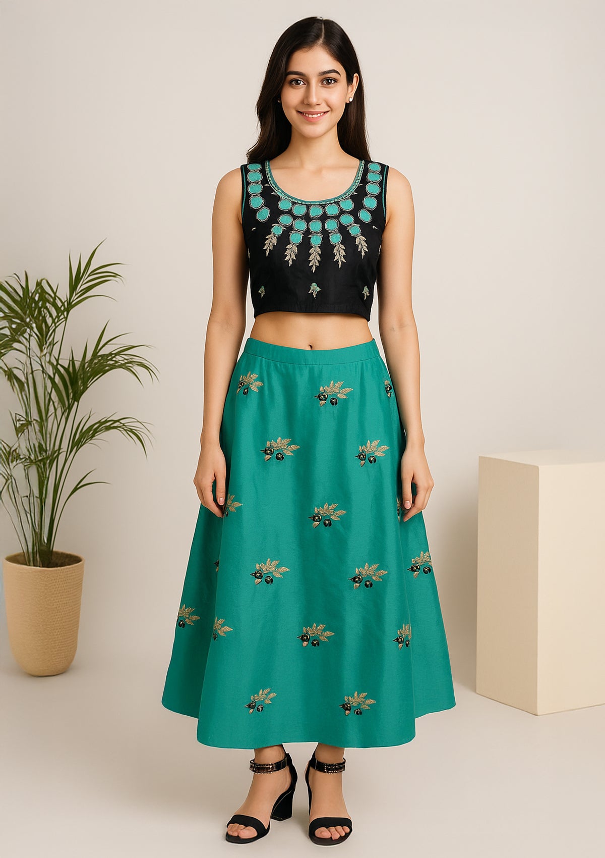 Black & Aqua Embroidered Crop Top with Embroidered Skirt & Shrug