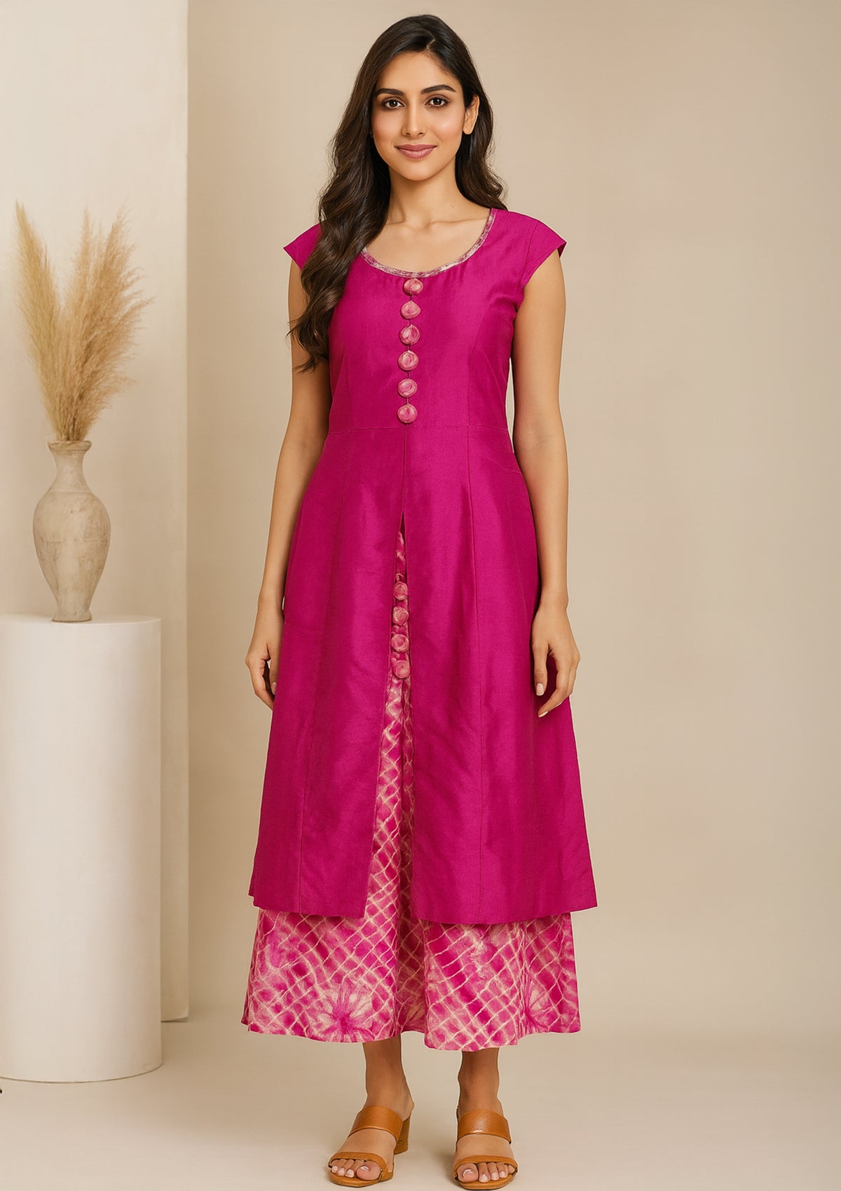 Designer Tafta Silk Skirt Suit in Magenta with Tie-Dye Skirt – Elegant Festive