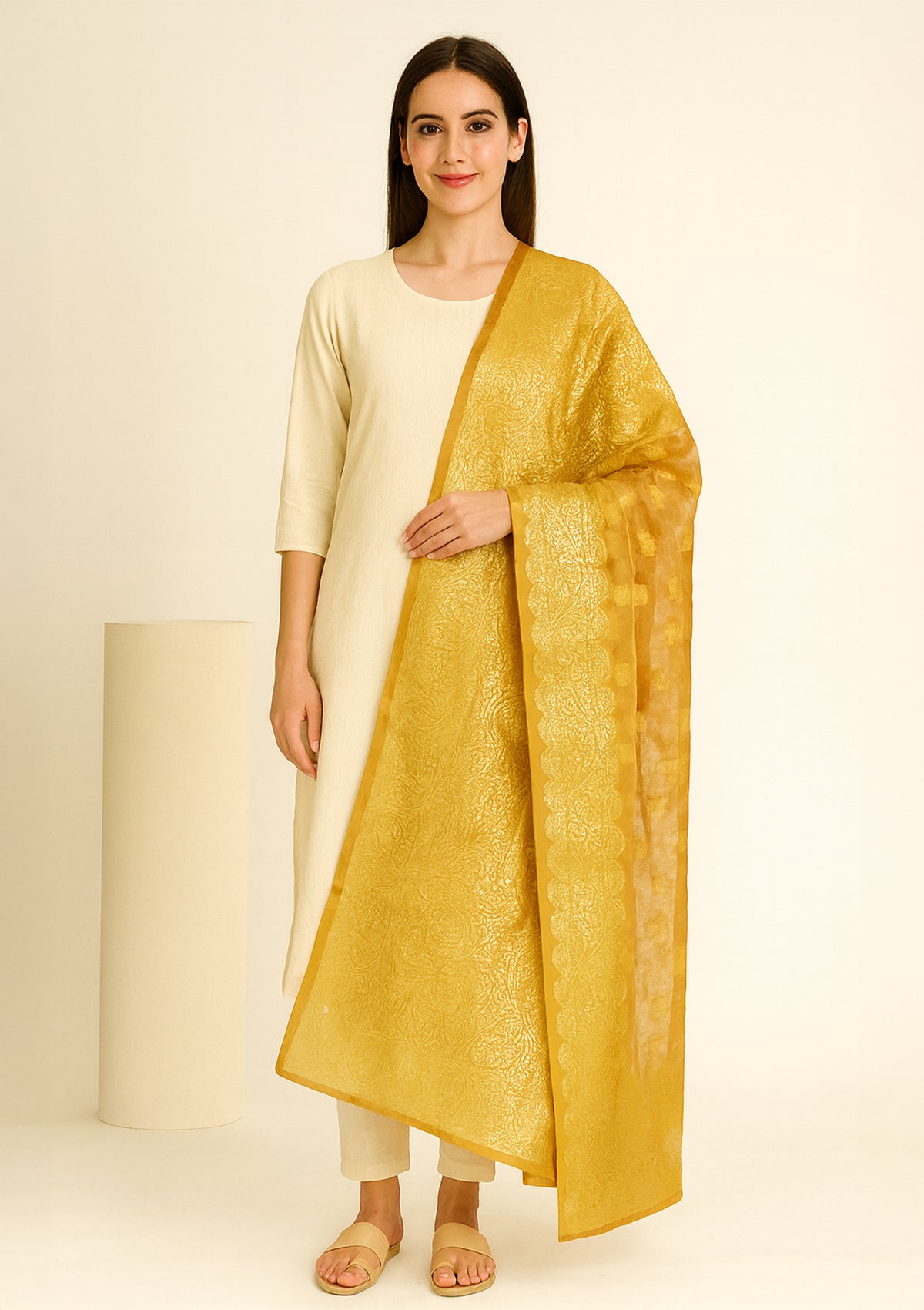 Golden Yellow Chanderi Silk Dupatta with Intricate Zari Weaving