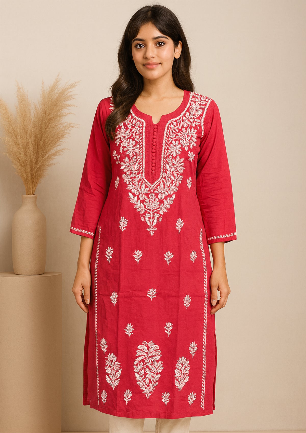 ClothingSutra Chikankari Solid Women’s Long Kurta 38 Red