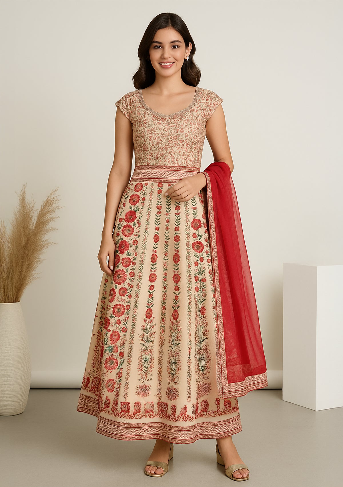 Elegant Off-White & Red Floral Printed Tafta Silk Lehenga Set