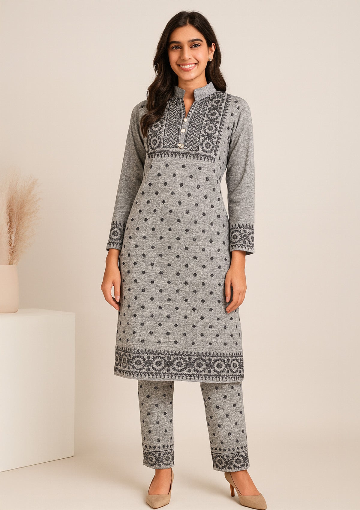 Woollen Karachi Suit – Elegant Grey Winter Wear for Women